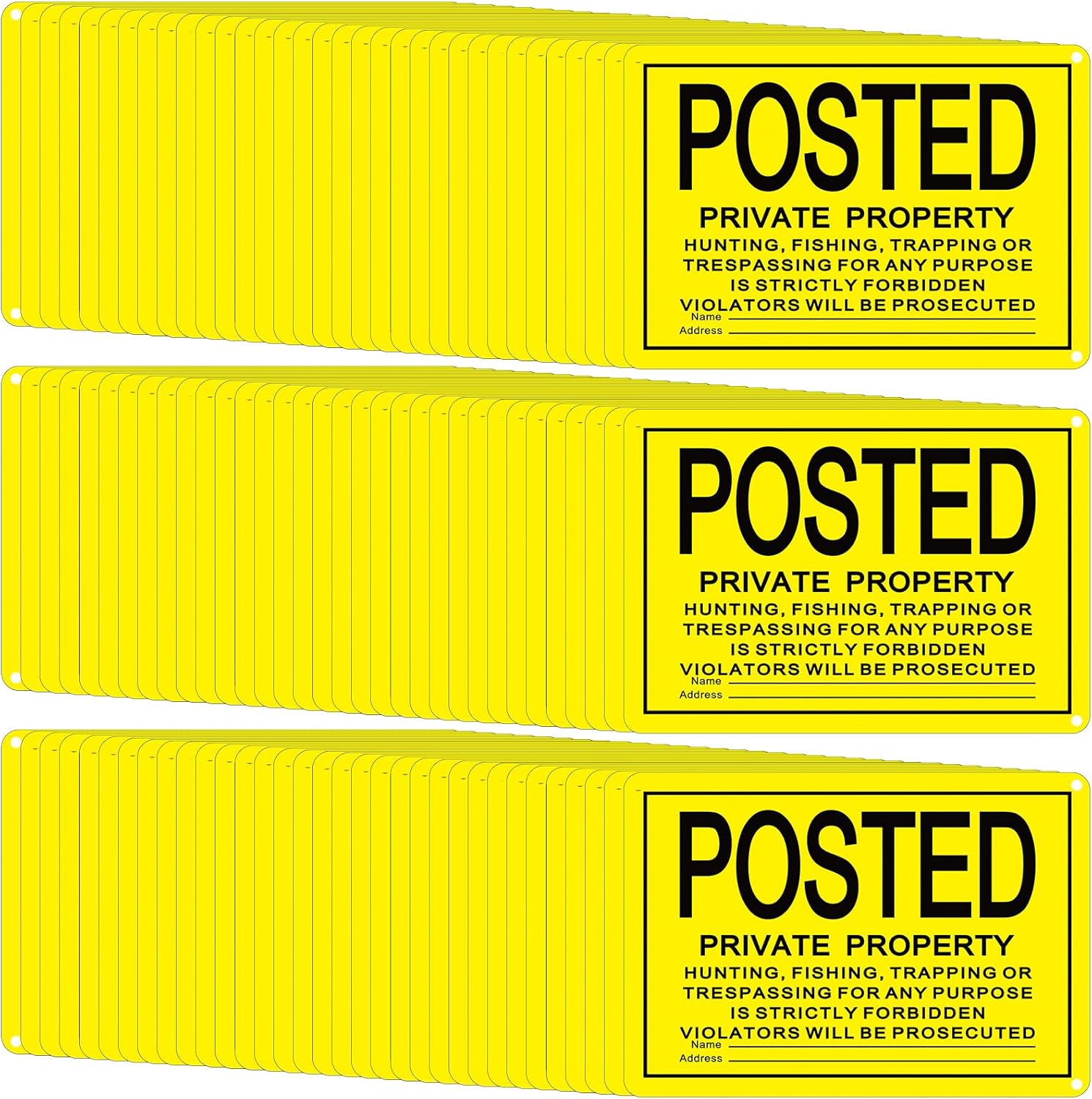 Tandefio 100 Pcs No Trespassing Sign Bulk Metal Private Property Reflective Aluminum Weatherproof Posted Sign No Hunting Fishing Trapping Warn Indoor Outdoor Yard Home Use(Yellow,10 x 7 Inch)