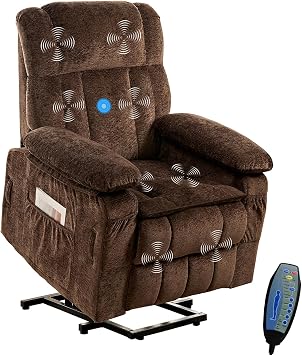 PUREMIND Power Lift Recliner Chair for Elderly, Dual Motor Electric Recliner with Massage and Heat, Ergonomic Massage Chairs with Side Pocket & Remote - Velvet Fabric, Strong Support, Brown