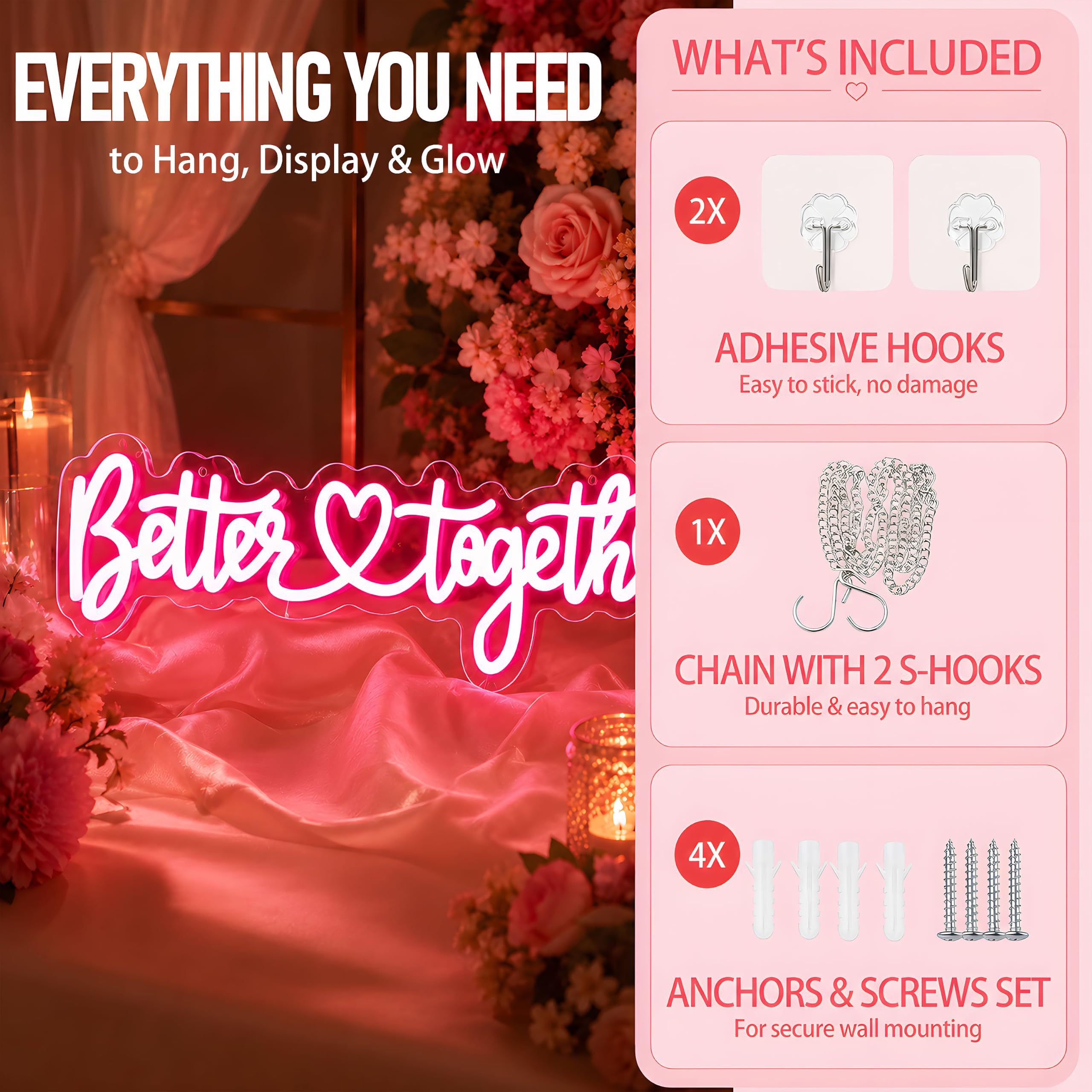 Better Together Neonschild für Wanddekoration, USB-betrieben, dimmbar, rosa Schrift, LED-Wortlicht für Hochzeit, Verlobung, Party, Brautparty, Schatz, Tisch, Paar, Geschenk