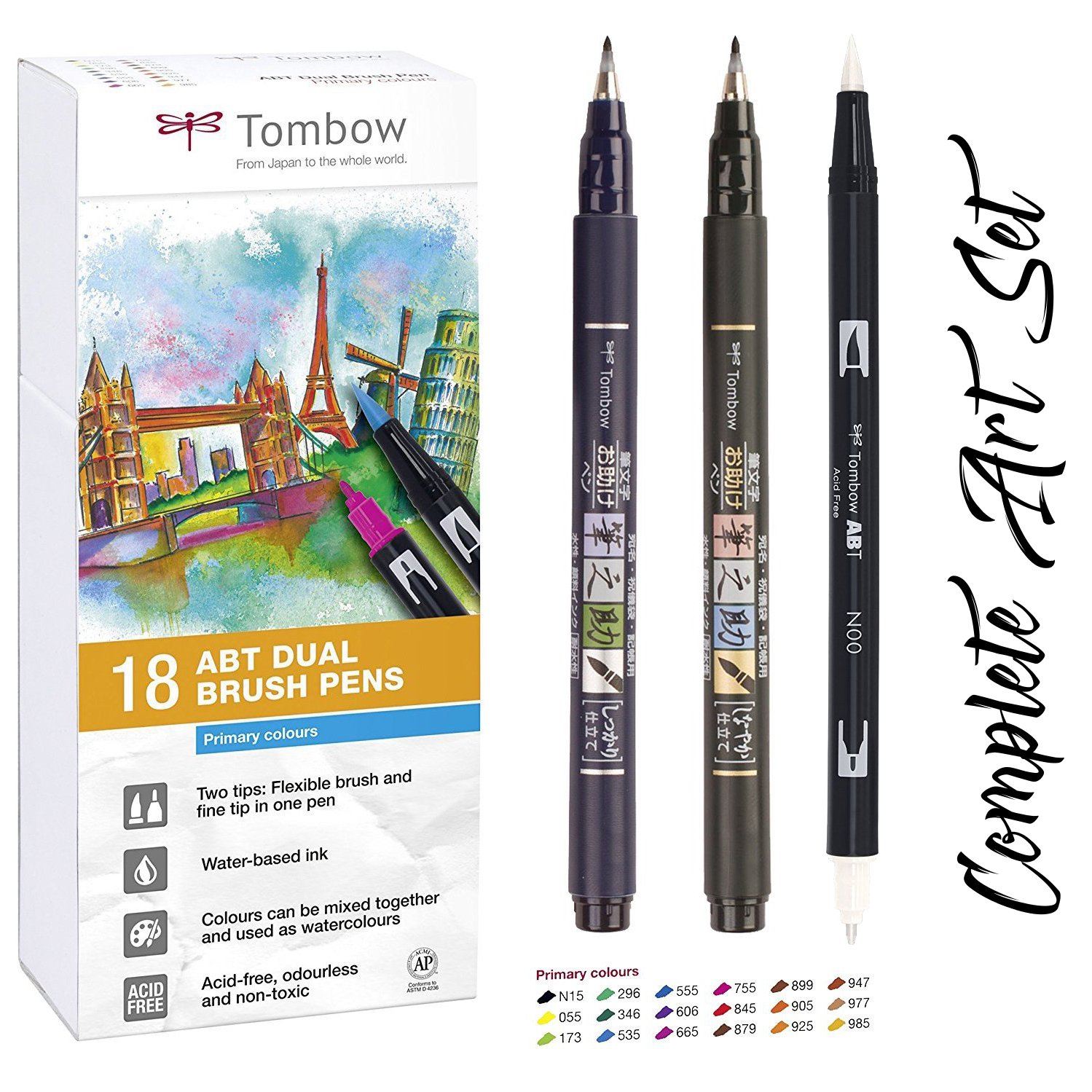 Tombow 18 Filzstifte (Sekundärfarben) Dual Brush Pen mit zwei Spitzen + Fudenosuke Brush Pen starr + weich | Aquarell, auf Wasserbasis, ungiftig, säurefrei und geruchsneutral