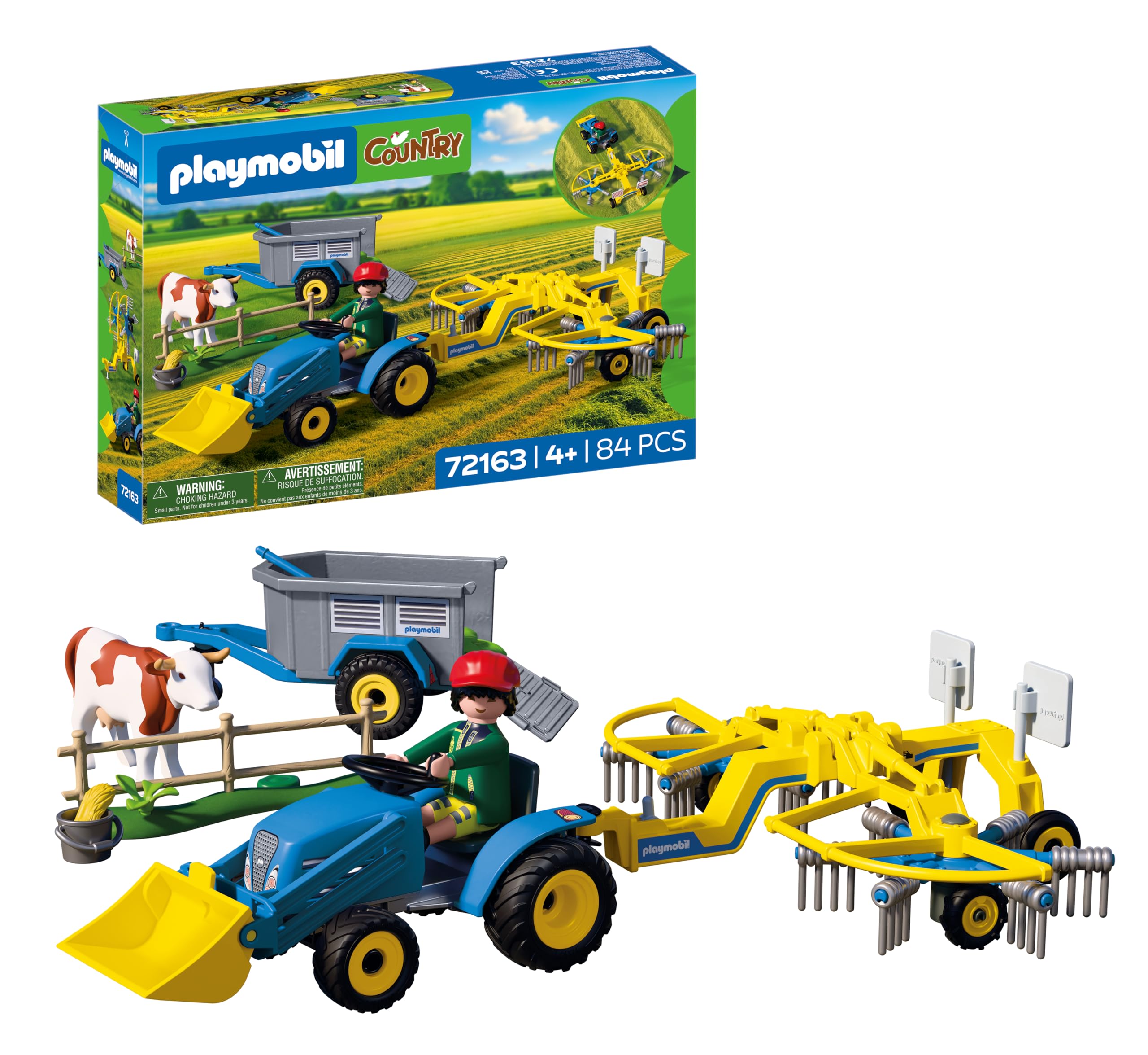 Playmobil | Country | Small Tractor with Hay Swather | Tractor Set with Swather, Cow, Trailer & Accessories | For Children Aged 4+ | 72163