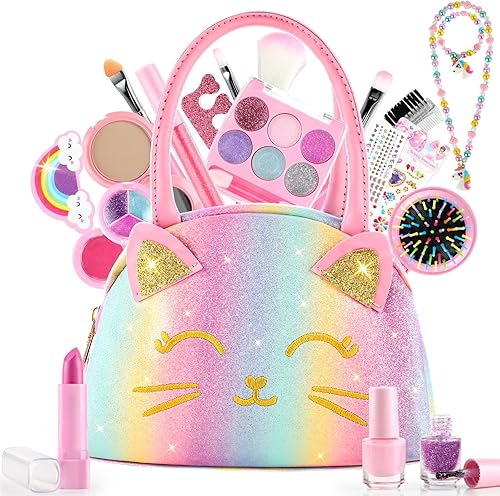 Kit de maquillaje para niñas, juguetes de maquillaje lavables para niñas, kit de maquillaje para niñas con bonita bolsa para gatos, juego de