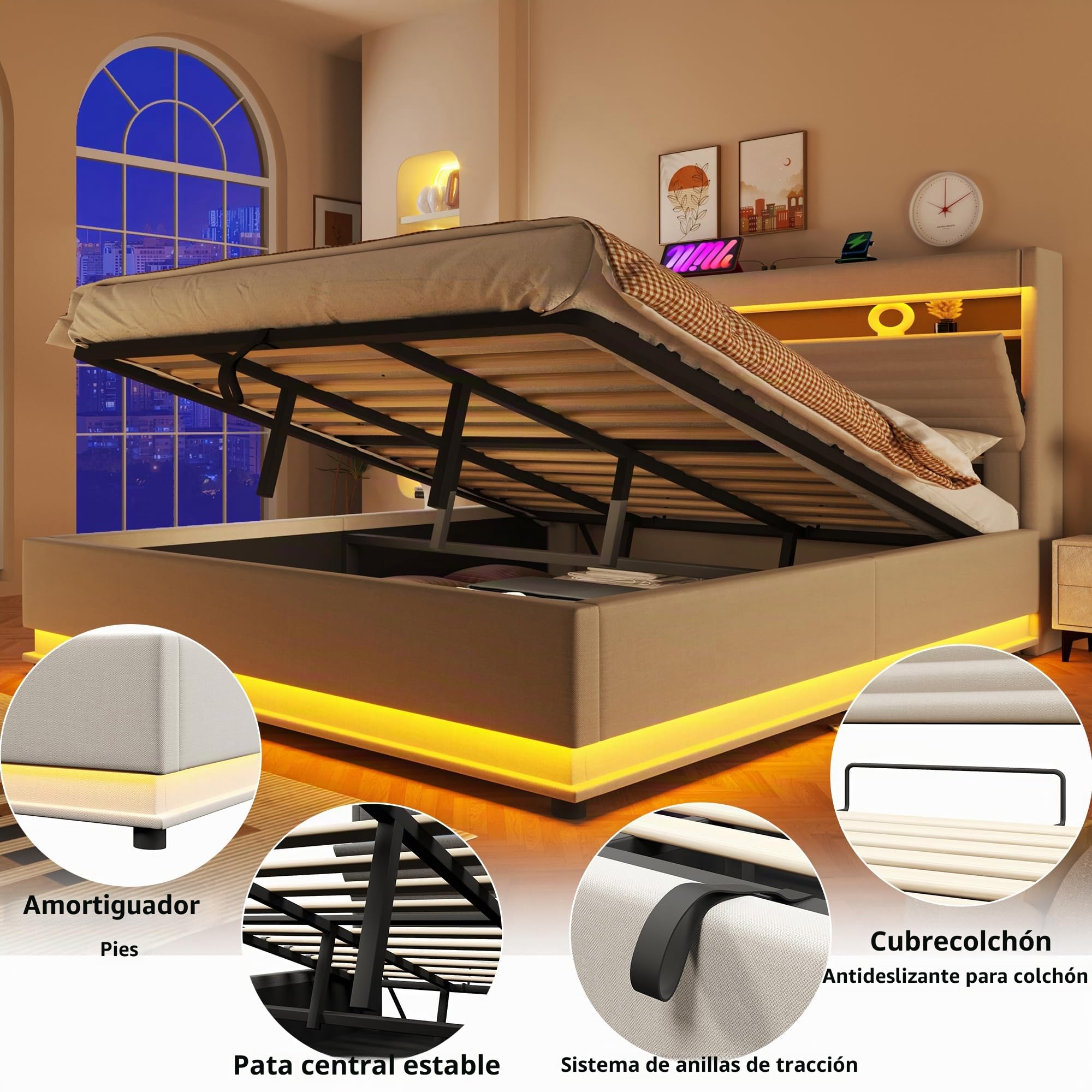 Cama 180x200 cm Camas Matrimoniales con Carga USB y LED, Cama Tapizada Matrimonio con Cabecero de Almacenamiento y Almacenaje Hidráulico, Camas Doble, Lamas Madera, Lino, Sin Colchón, Beige