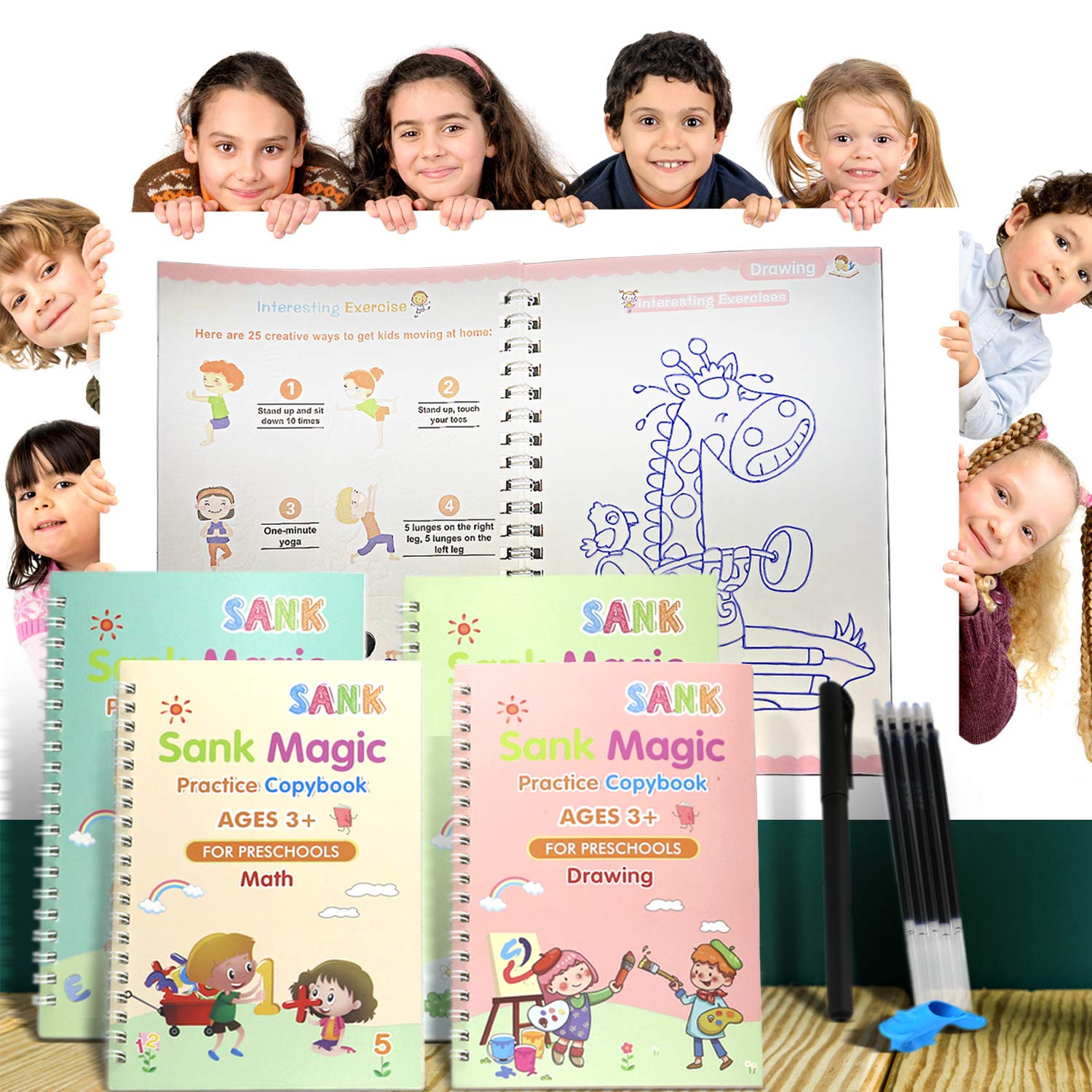 Cahier de calligraphie réutilisable 4 pièces pour enfants, pratique d'écriture magique