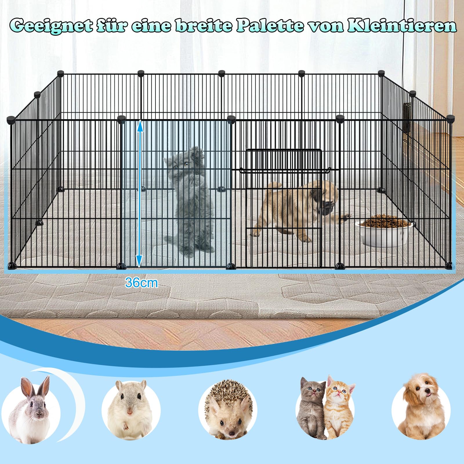 FIVMEN Enclos pour Petits Animaux Enclos Lapin 142 x 72 x 72 cm Enclos Extérieur en Métal 24 Panneaux Parc Modulable avec Porte pour Lapins Hamsters Cochon (Noir)