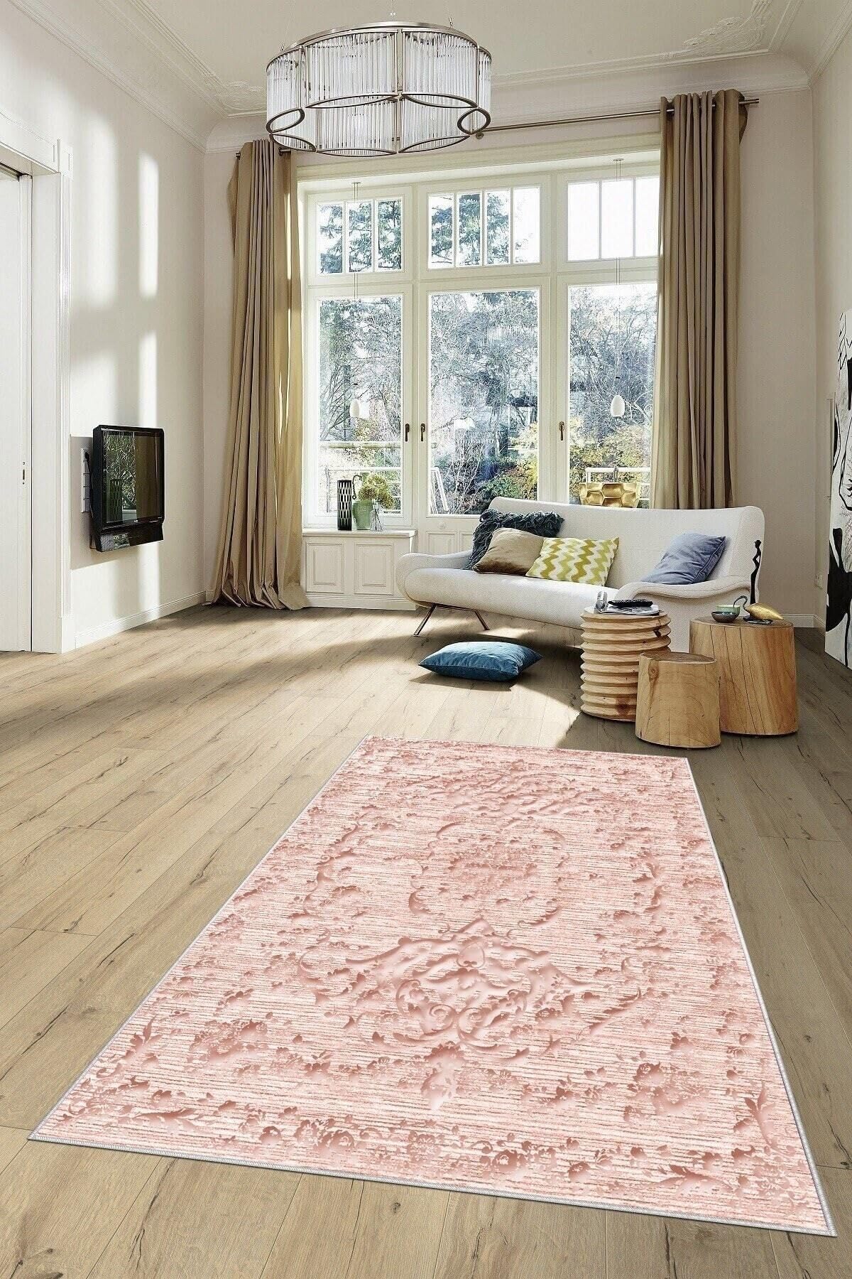 Pelangi Pembe Osmanlı Motifler Eskitme Yıkanabilir Kaymaz Taban Leke Tutmaz Modern Salon Halısı Ve Yolluk, Pembe 120 x 180, 74571068120180728