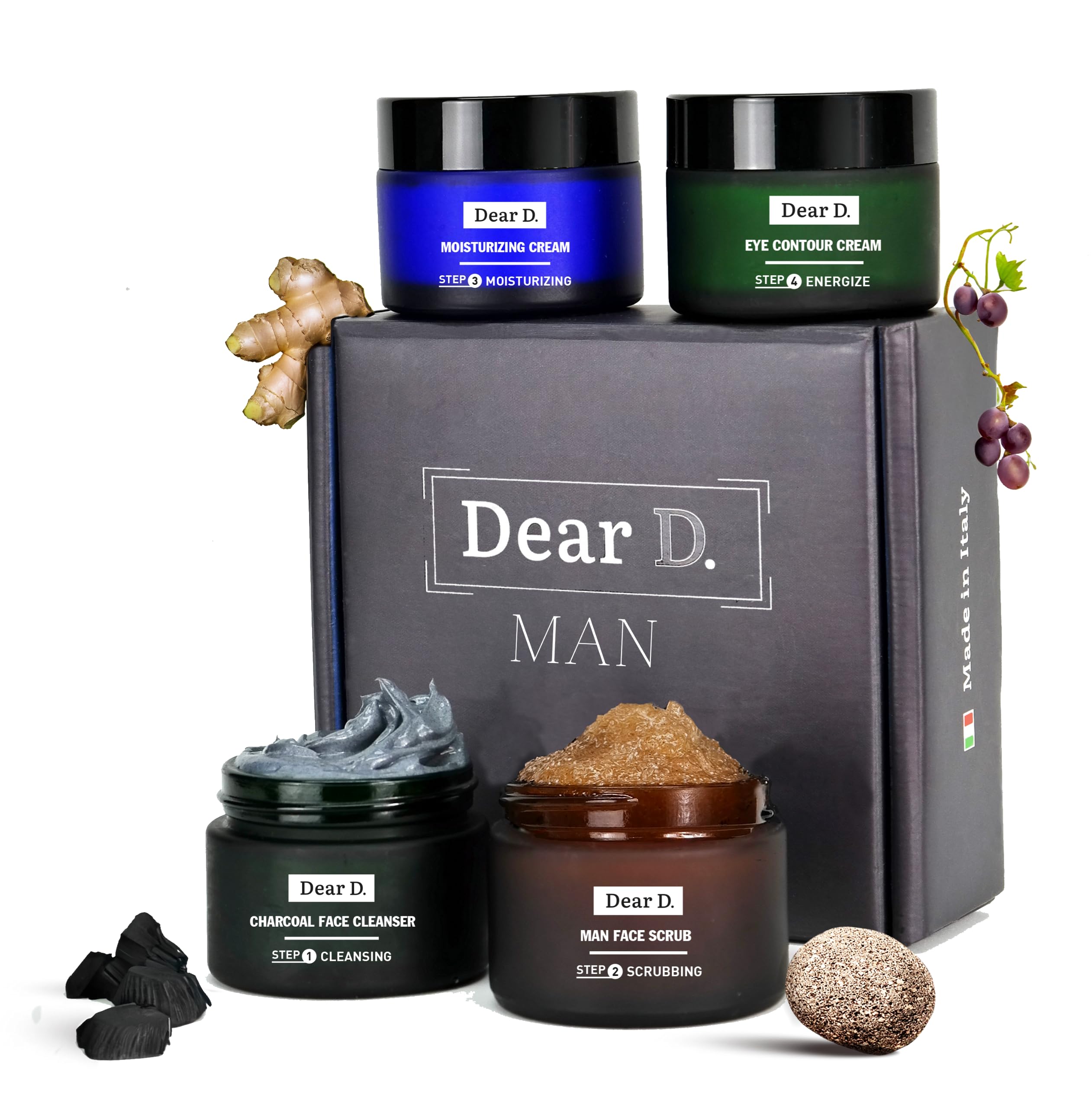Dear D. Box Kit Hautpflege für das Superior-Gesicht | 4-Schritte-Routine mit Gesichtswäsche, Gesichtspeeling, Feuchtigkeitscreme, Augenkonturcreme | Set Hautcremes für Männer Made In Italy