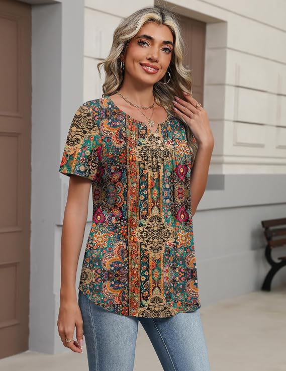 Zeagoo Womens Summer Tops 2026 Short Sleeve Shirts V Neck Pleated Tunic Tops Work Blouses Business Casual Outfits S-3XL
