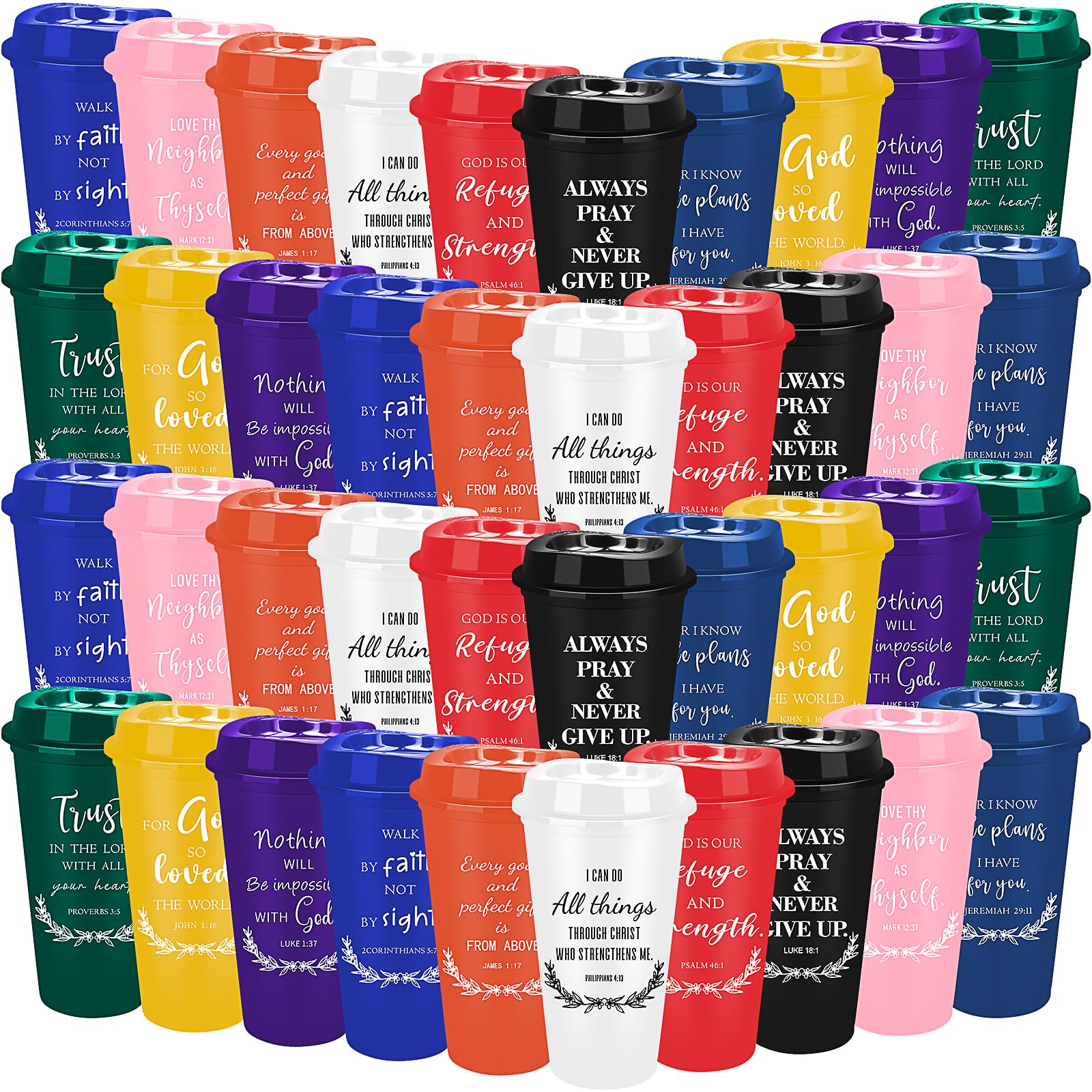 Lot de 40 tasses à café chrétiennes en plastique avec couvercles, 470 ml, réutilisables pour appréciation des employés, verset de la Bible, gobelets à café colorés pour femmes et hommes, cadeaux