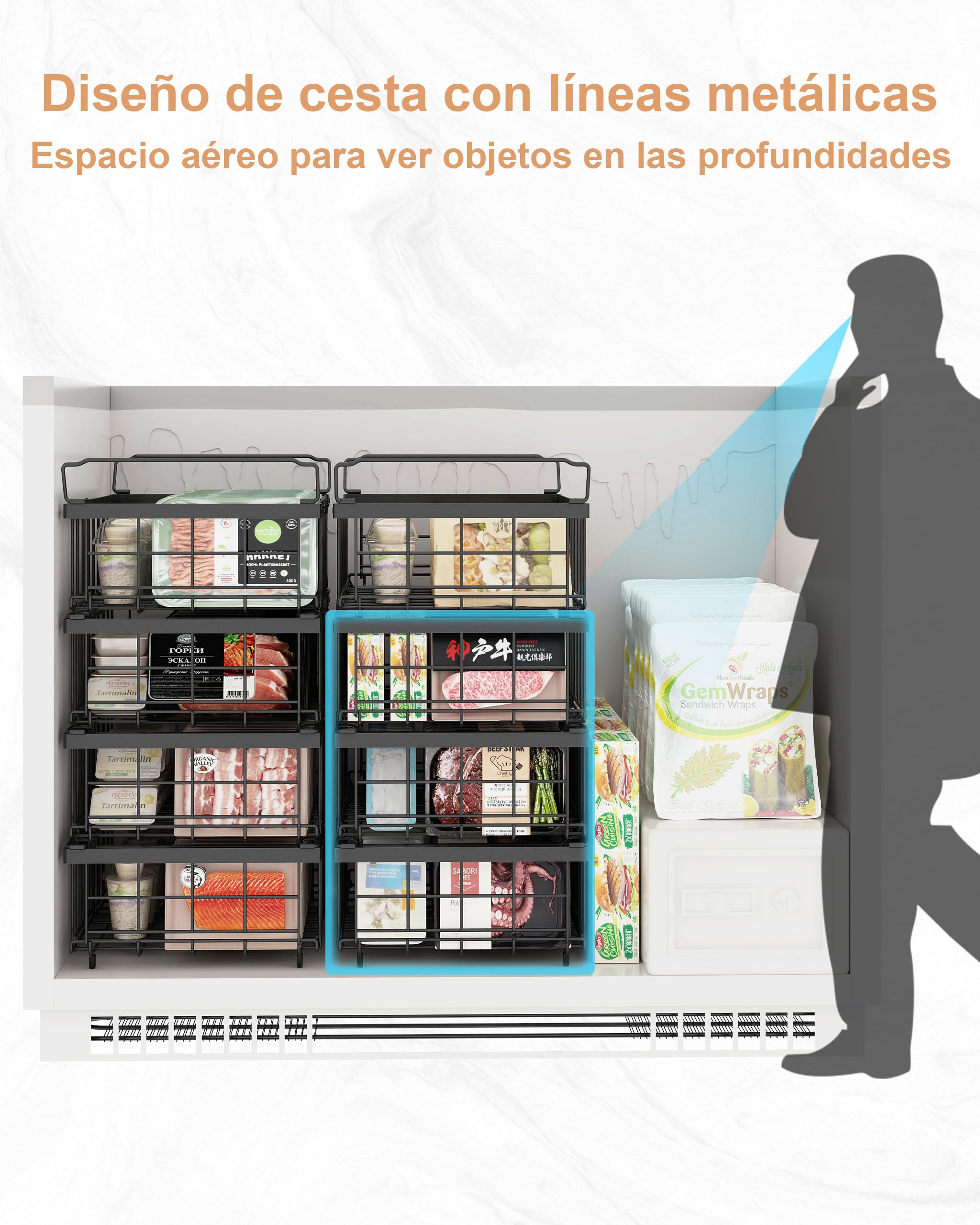 UMDONX Cesta para Congelador de 4 piezas negro - Cestas apilables para congelador con asa, para congelador de 283 a 566L, organizar ingredientes congelados,Longitud extensible (29-45x30x15cm)