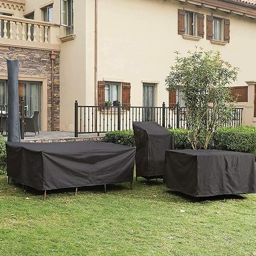 Miniatura 5 de Fundas para muebles de patio, impermeables, 420D, para muebles de exterior, para mesa de patio y silla, juego de muebles rectangulares, color negro,