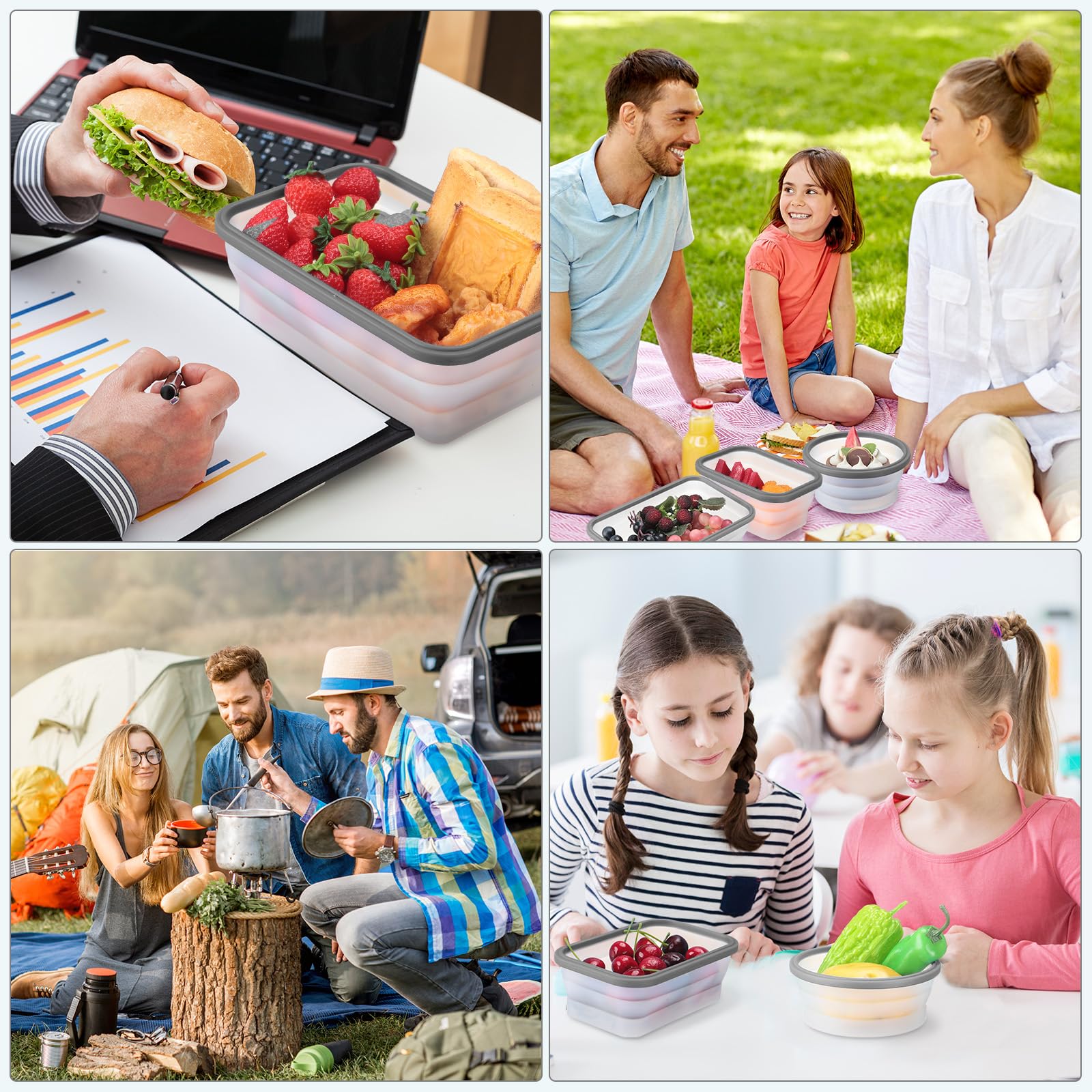 Dandat 12 recipientes plegables de silicona para almacenamiento de alimentos, recipientes plegables de silicona para almuerzo, 6 rectangulares y 6 redondos, herméticos, plegables con tapa, juego para