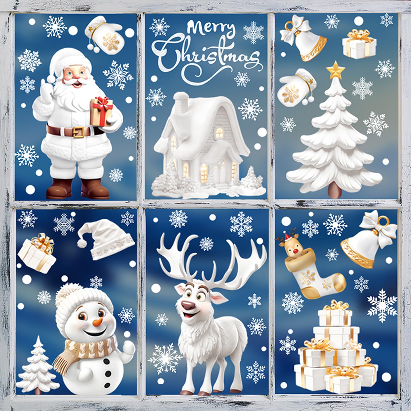 9 Sheet Christmas Window Clings Snowman Window Decals Christmas Snowflake Santa Claus Gift Box Stickers Winter Window Glass Decor for Christmas Holiday Party Decorations