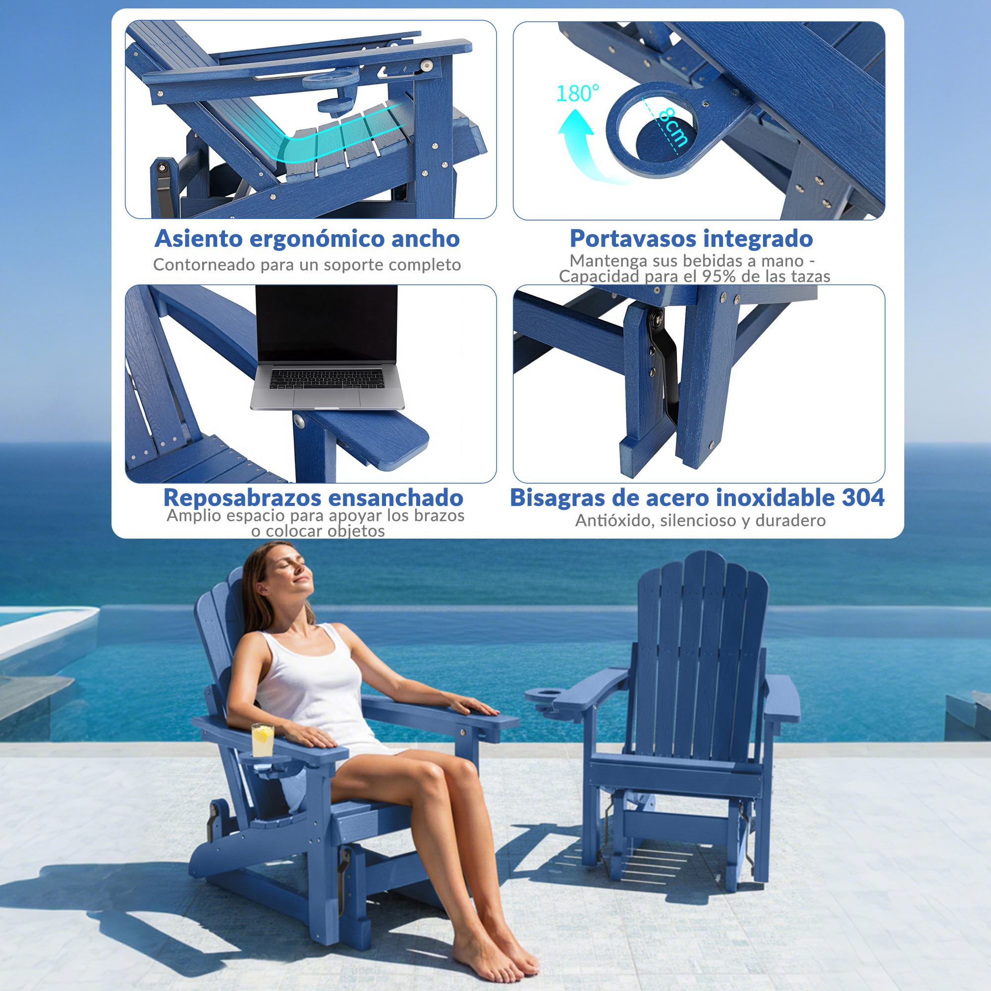 Silla Adirondack con Respaldo Ajustable, Mecedora de Patio con Efecto Madera y portavasos, Ideal para Exteriores, con Mecanismo de balanceo Suave y Capacidad de Peso de 200 kg.