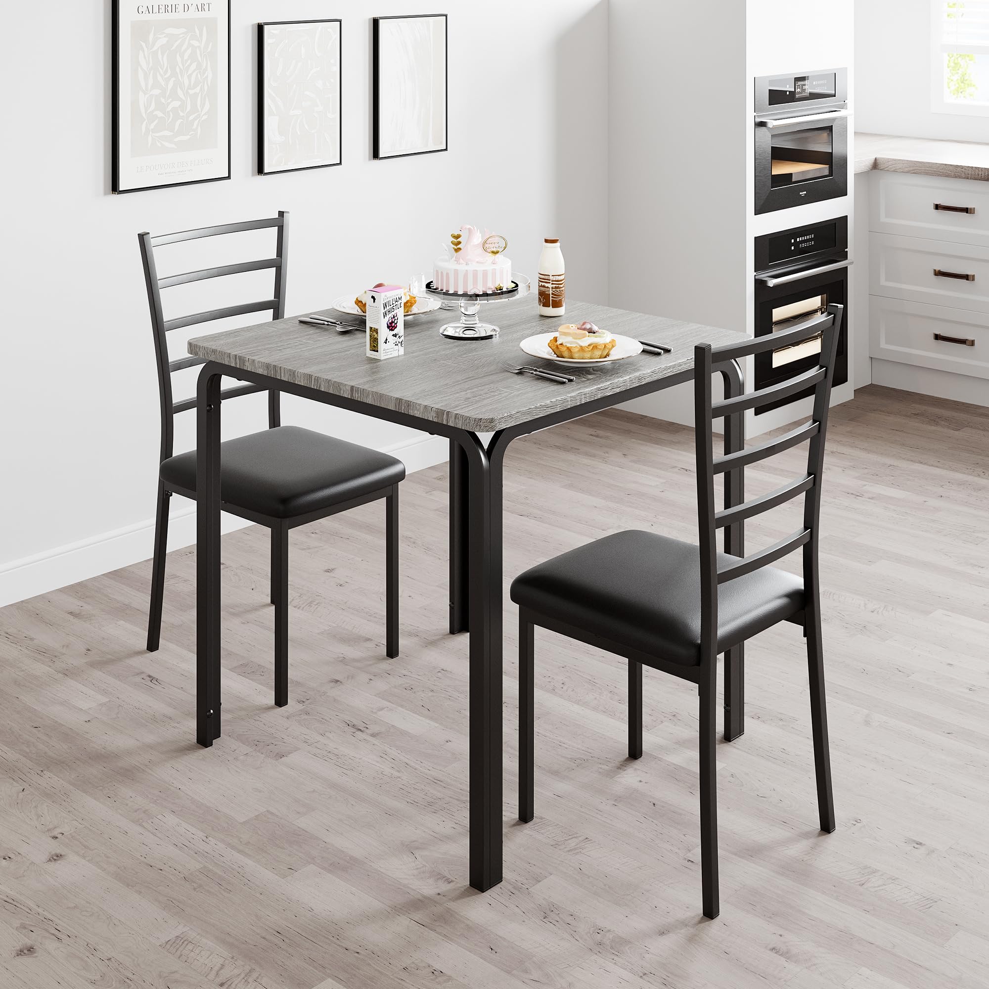 GarveeHome 3-Piece Kitchen Table Chairs Set for Small Space Dining, Space Saving Square Table & 2 Chairs Compact Dinette Set for Kitchen & Dining Room