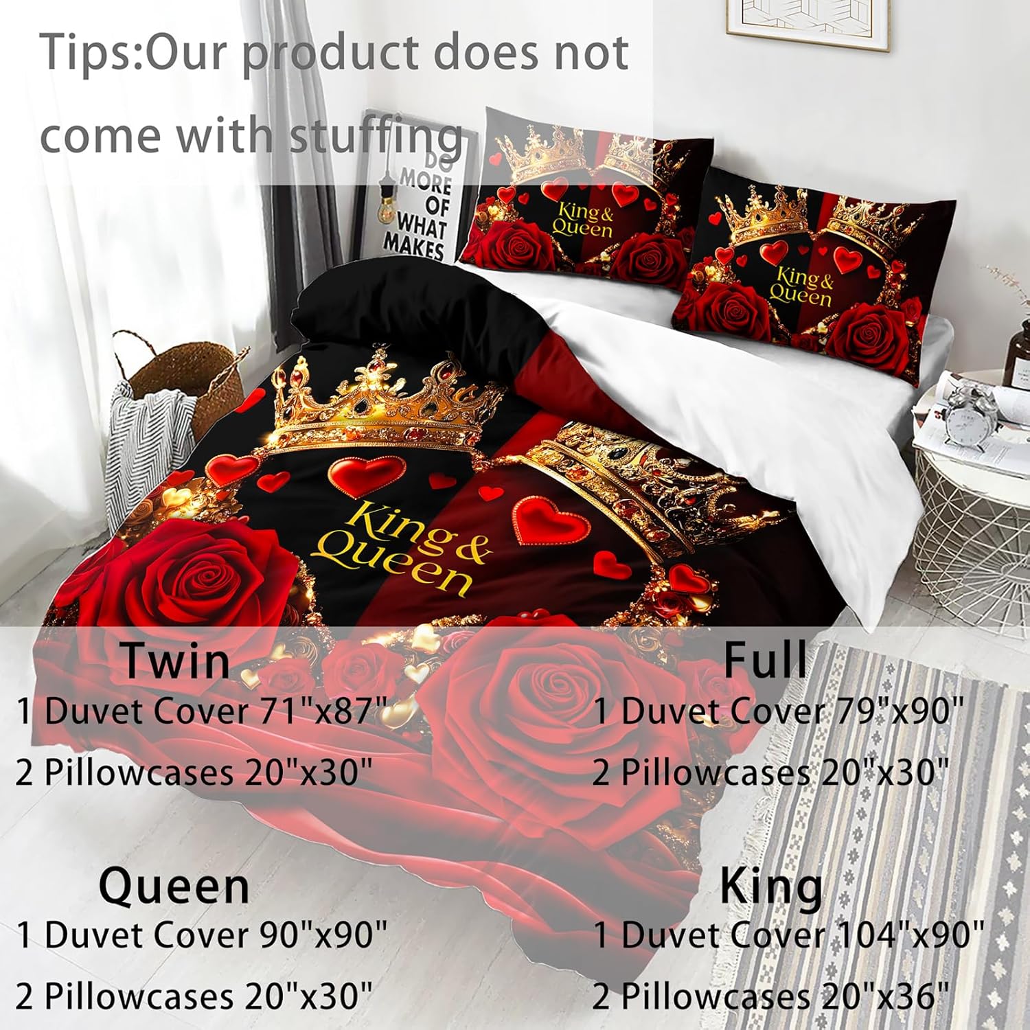 AILONEN Red and Black Rose Duvet Cover Set King Size,Glod Crown Couple,Romantic Flower Quilt Cover with 2 Pillowcases,3Pcs
