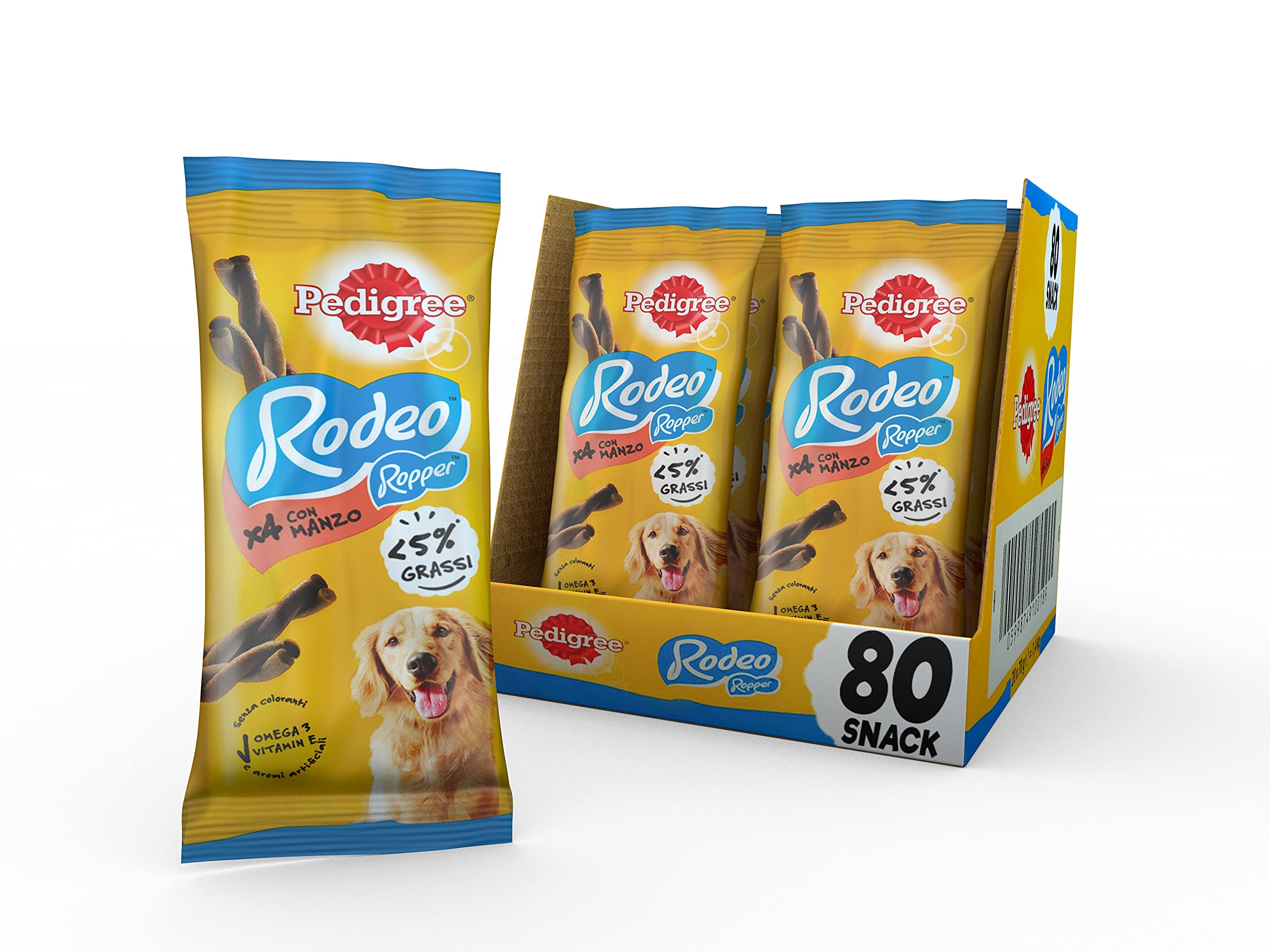 Pedigree Rodeo Ropper, Snack per Cani al gusto Manzo, 20 Confezioni x 4 stick da 70 g l’una, 80 stick in totale & Dentastix Snack per la Igiene Orale, 180g 105 Pezzi - 15 Confezioni da 7 pezzi