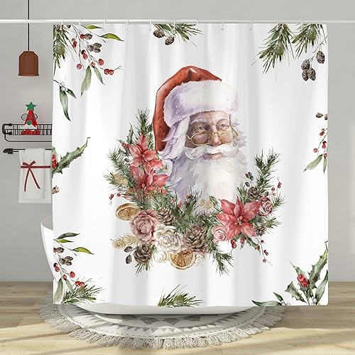 Juego de cortinas de ducha de Papá Noel, Año Nuevo, Navidad, Navidad, flor de pascua, curcianos de baño, tela impermeable, decoración de bañera,