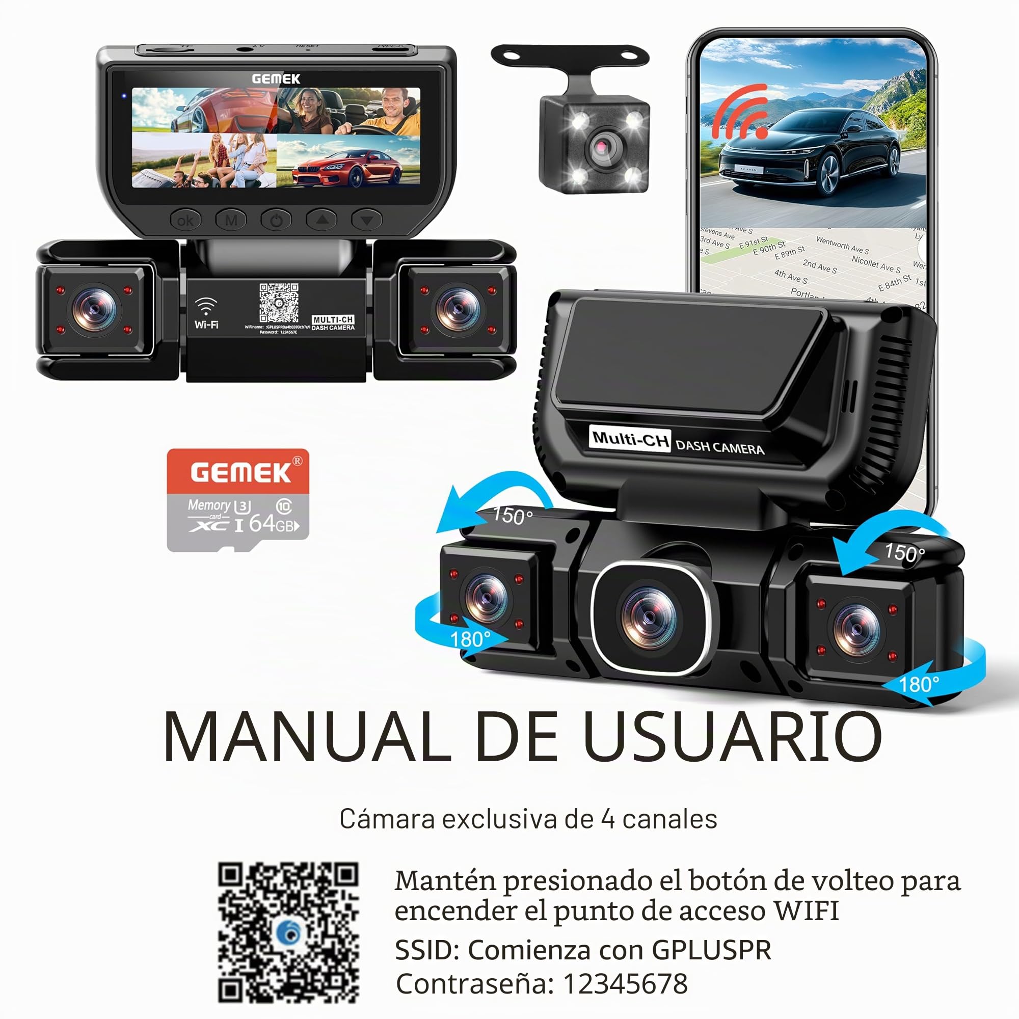 Cámara para salpicadero de 360 Grados y 4 Canales, con WiFi 5G y Control Mediante aplicación, GEMEK 2K: Vista Delantera, Trasera e Interior, Izquierda y Derecha; Tarjeta TF de 64 GB incluida