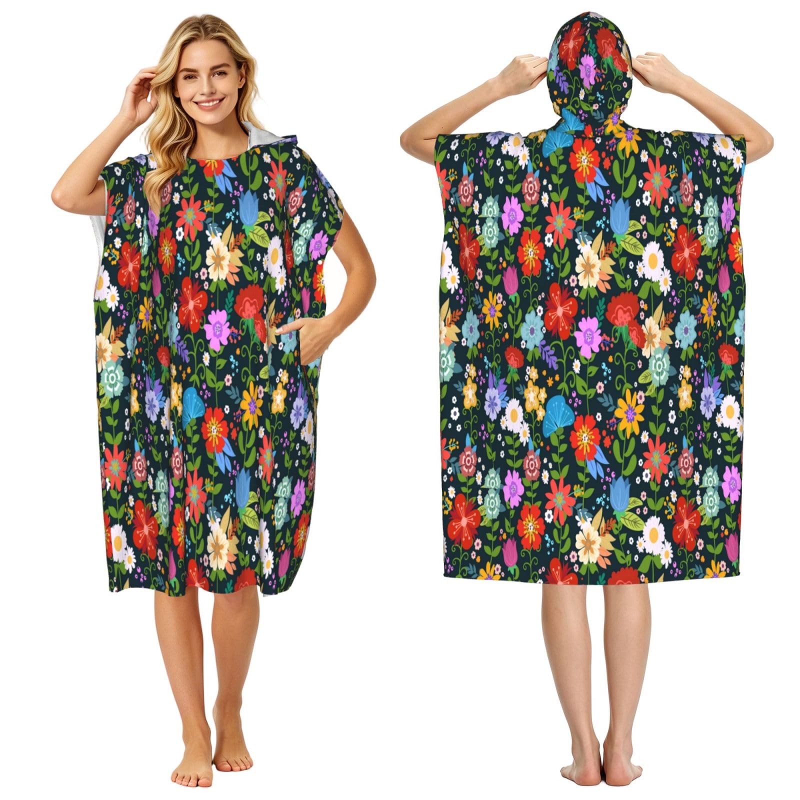 Poadnly Colorful Wildflowers Leaves, Adult Hooded Beach Towel 90 x 110 cm,Changing Bath Robe, Surf Poncho Towel For Women Men