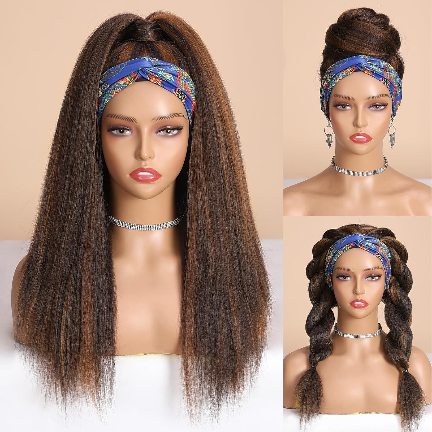 WIGNEE 18 Inches Kinky Straight Headband Wig for Women Yaki Straight Wigs with Black Headband Kinky Afro Wigs For Black Women