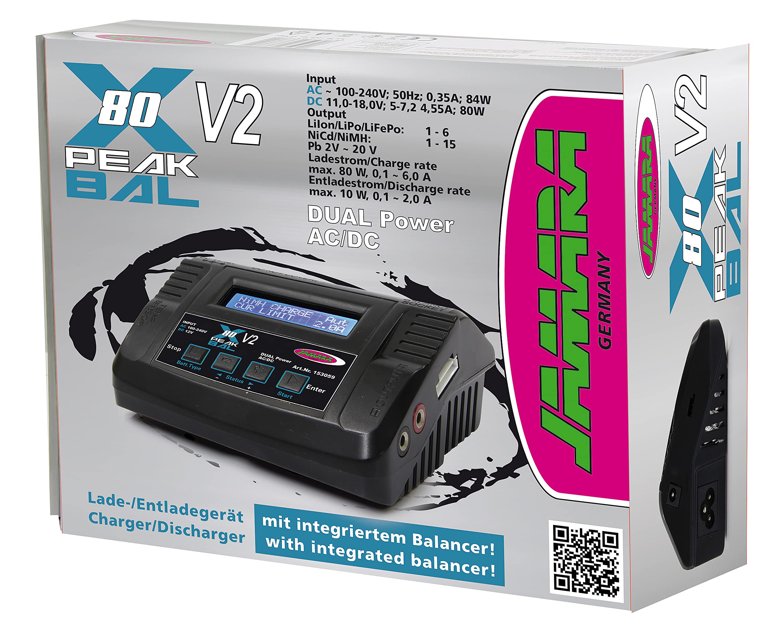 Ladegerät X-Peak 80 V2 - Eingebauter Dual Power AC/DCAdapter 230V und 11-18V, interner unabhängiger Lithium Akku Balancer; Ladegeraet Lipo Akku, Modellbau
