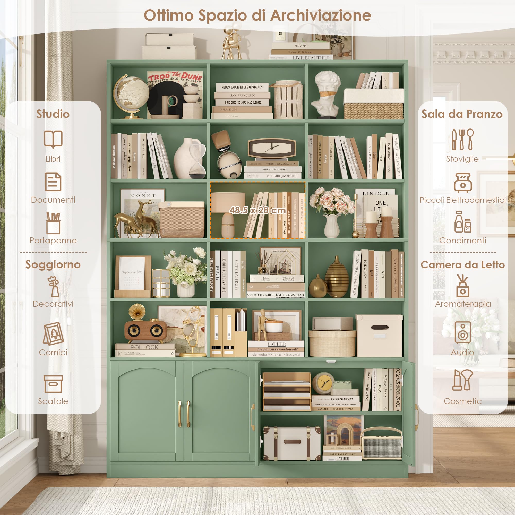 FirFurd 209 cm Libreria Verticale, Libreria da Parete a 4 Ante Verde | Vetrinetta Soggiorno a 15 Scomparti Aperti,Scaffale Portaoggetti Ampio Spazio,per Studio, Ufficio, Soggiorno,150x23.7x209cm
