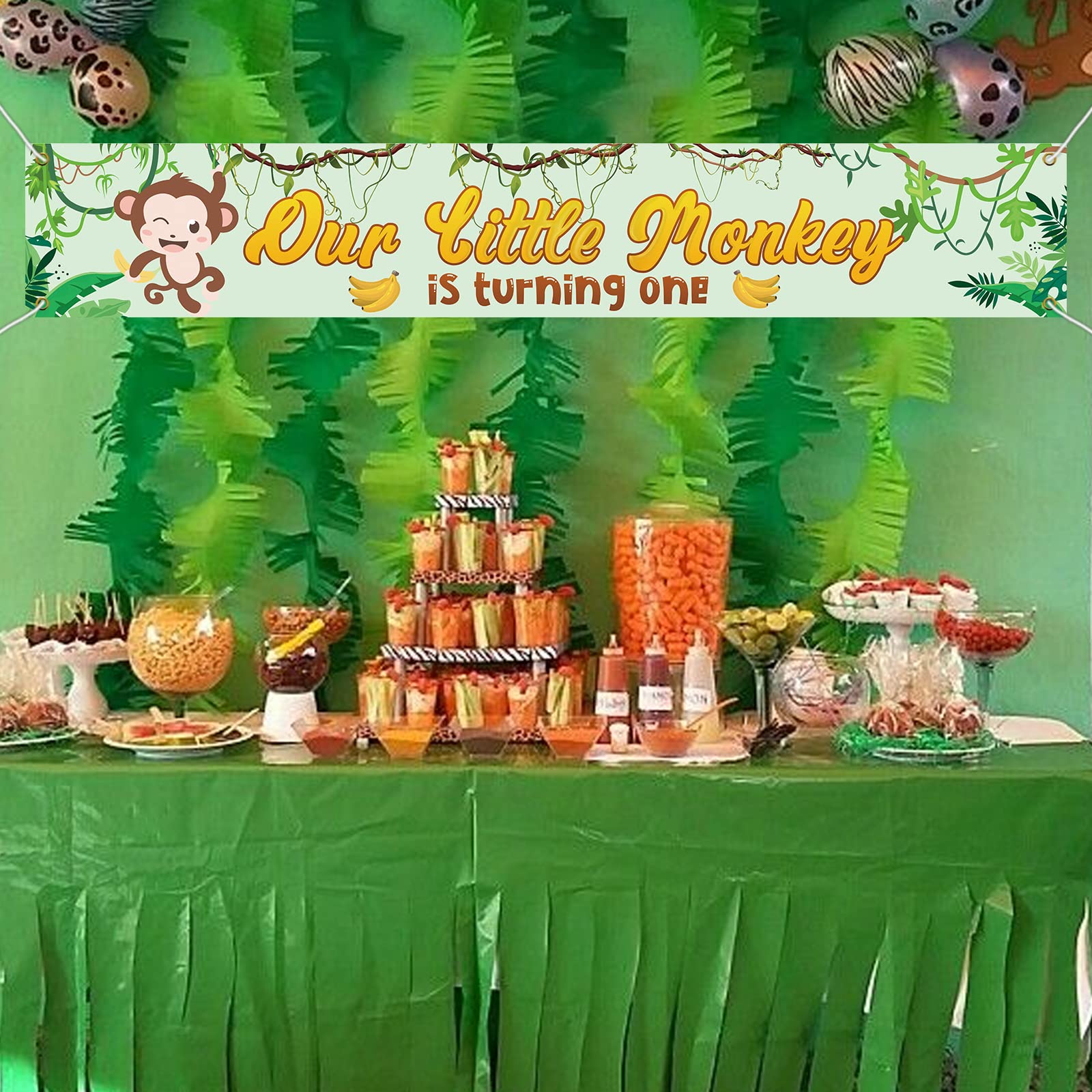 Monkey Birthday Banner Decorations Set - Happy Birthday Banner & 8 Garland Pieces For Boys' 1st, 2nd, 3rd Birthday Party