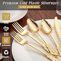 Vista 8 de WDF 300 cubiertos de plástico dorado desechables, cubiertos de plástico resistente, juegos de cubiertos dorados que incluyen 100 tenedores, 100