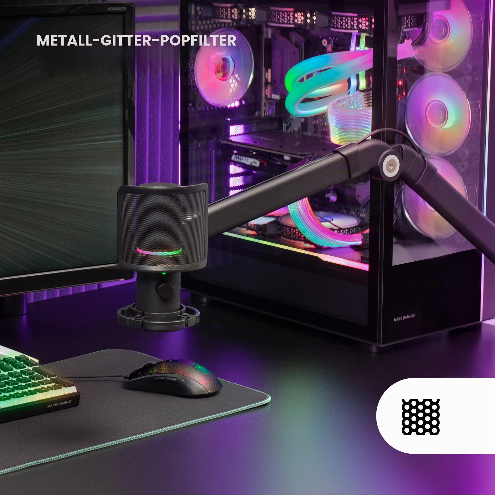Mars Gaming MMIC-XT, Professionelles High Definition 192Khz 24-bit Studiomikrofon, Kugelarm, Anti Shock Mount, Pop Filter Metallgitter, Schwarz