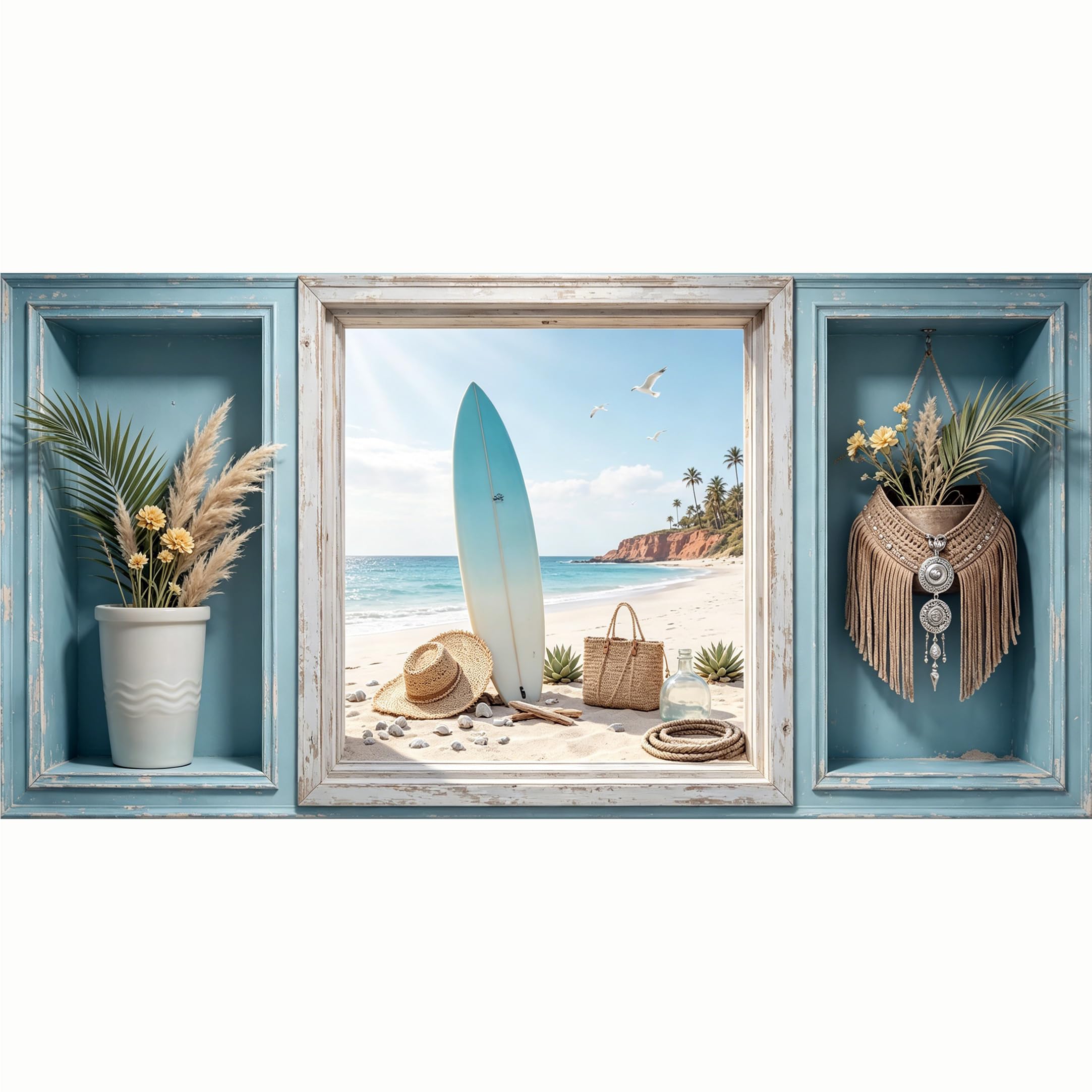 QZLITHOTIC 50x100cm 3D Framed Wall Art， Coastal Surfboard Beach Scenery SelfAdhesive Mural， WaterActivated Peel & Stick Fabric Decor Wall Decal for Bedroom Living Room