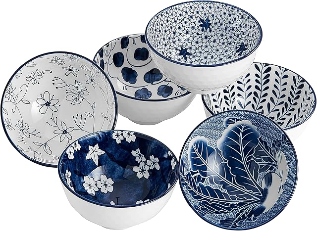 Swuut Müslischalen, japanischer Stil, Keramik, 284 ml, für Salat, Suppe, Reis, Blau und Weiß (Blau und Weiß)