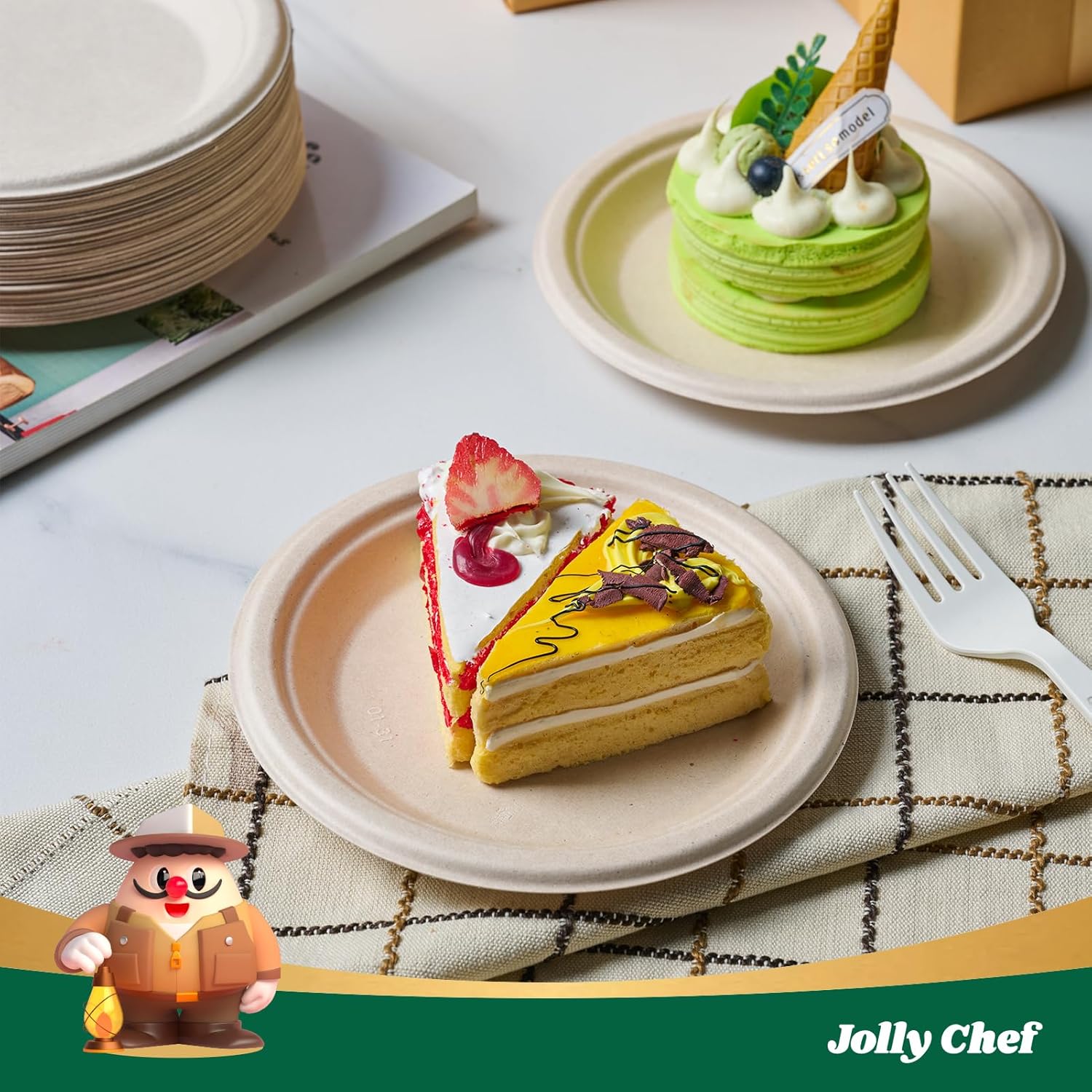 JOLLY CHEF 100% Compostable Small Paper Plates, 200 Pack 6 Inch Heavy Duty Dessert Plates, Disposable Biodegradable Eco-Friendly Sugarcane, Bulk Nature - Image 2