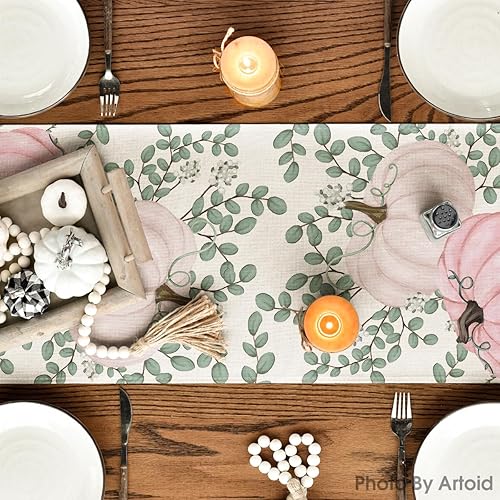 Miniatura 5 de Artoid Mode Camino de mesa de otoño de eucalipto con calabazas rosas, decoración de mesa de comedor de cocina y Acción de Gracias, para decoración