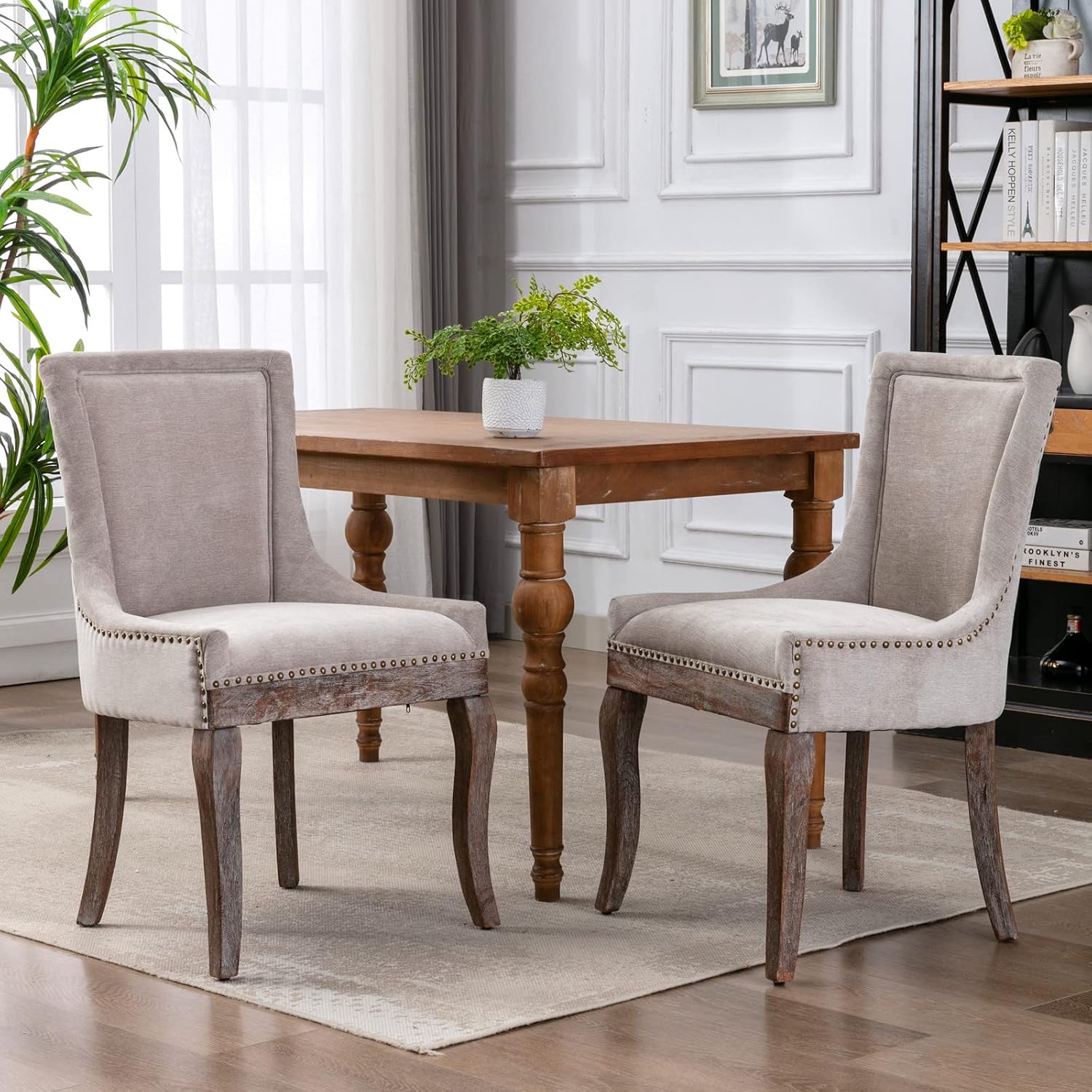 Merax Dining Chair Sets of 2, Ultra Side Dining Chair, Thickened Fabric Chairs with neutrally Toned Solid Wood Legs & Bronze Nail Head, Beige+Antique Wood