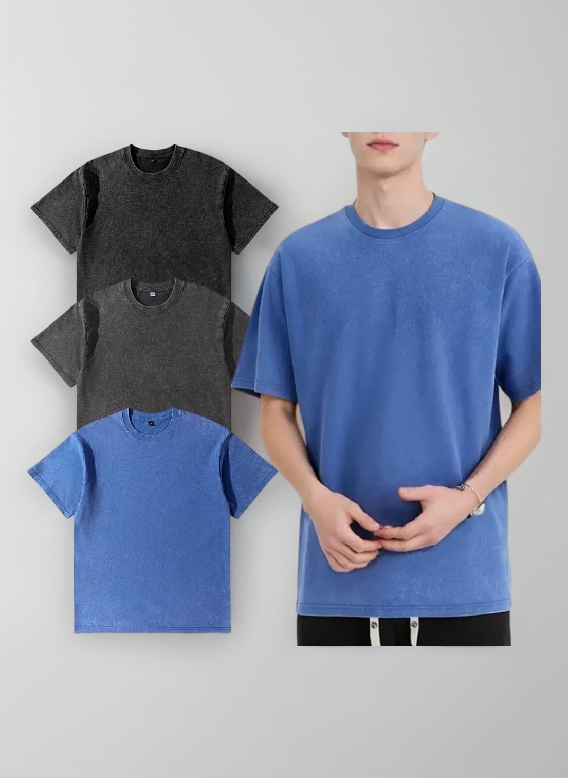 – Men’s Oversized T-Shirt,Pack of 3, Men's Basic Cotton T-Shirt Summer，Retro Washed Top, Unisex Fashion, Hip Hop Vintage Casual Tee Shirts