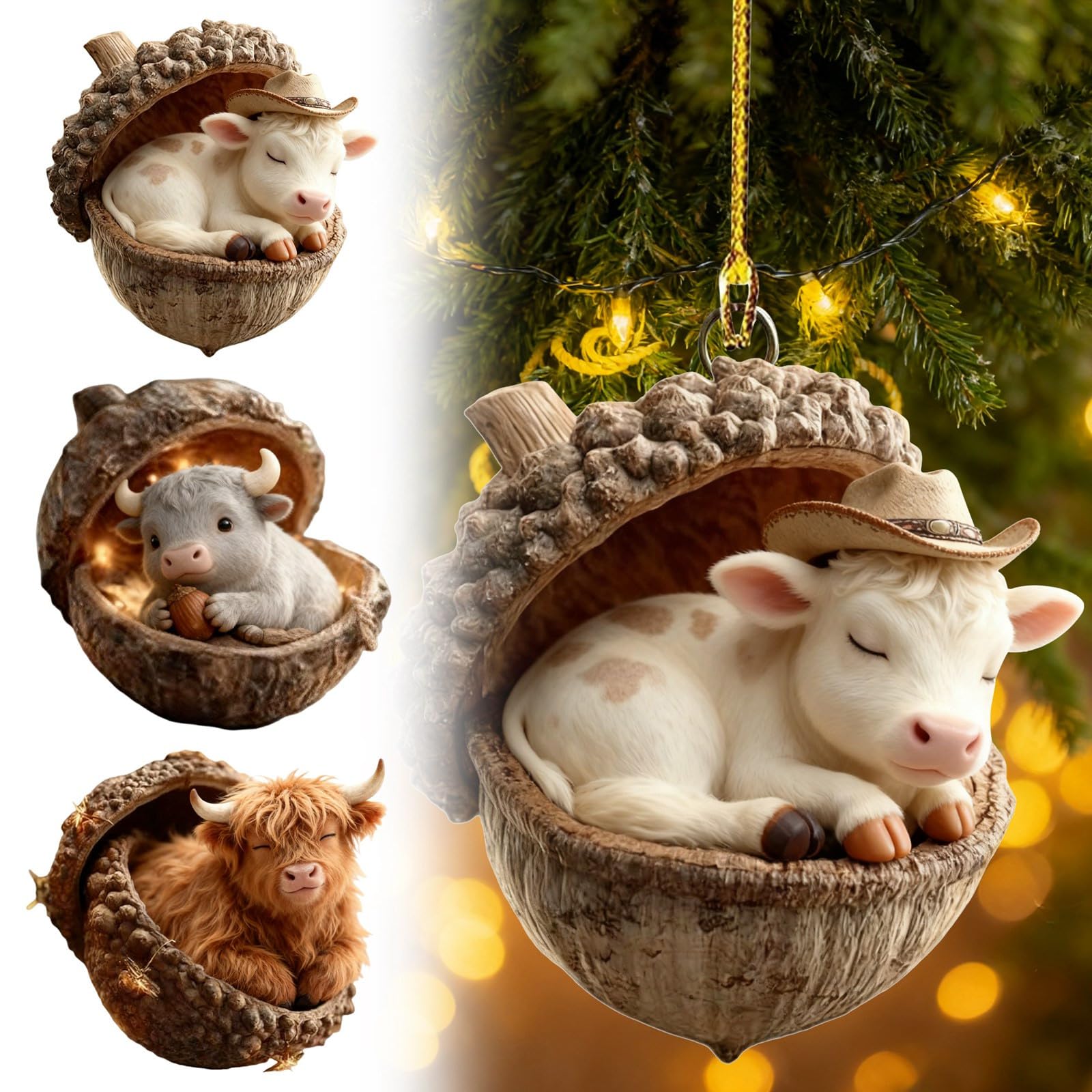3PCS Highlands Cow Forests Animal Acorns Ornaments, Forests Acorns Pinecone Christmas Ornament for Christmas Tree Decoration, Forests Highlands Cow Pinecones Animal Figures for Home (E)