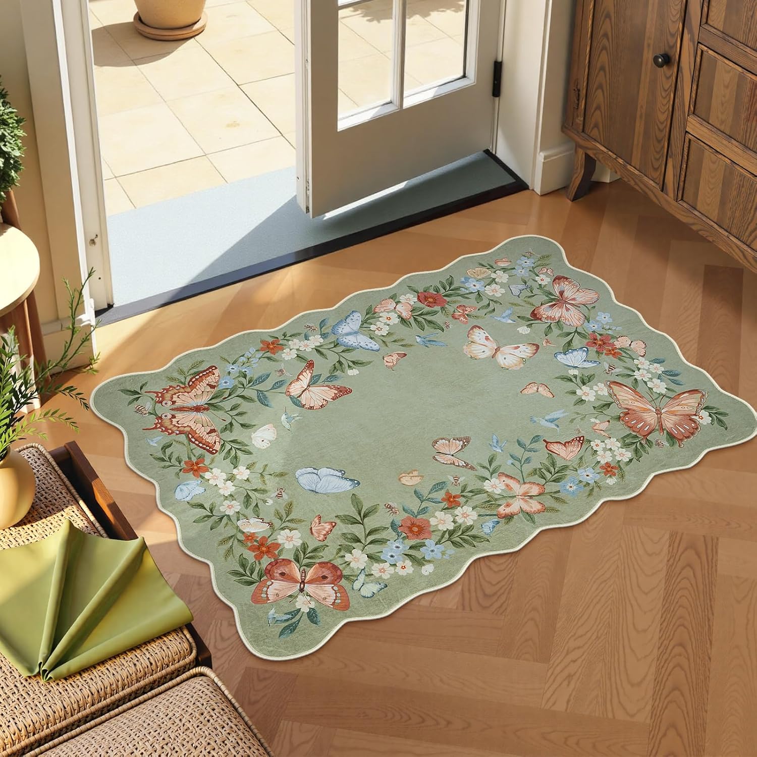 Anidaroel 2x3 Butterfly Floral Rugs for Entryway, Washable Kitchen Rug Non Slip, Ultra-Thin Soft Boho Small Rug, Low Pile Front Door Mat Indoor Entrance for Entry Bedroom Bathroom, Green Green 2'x3'
