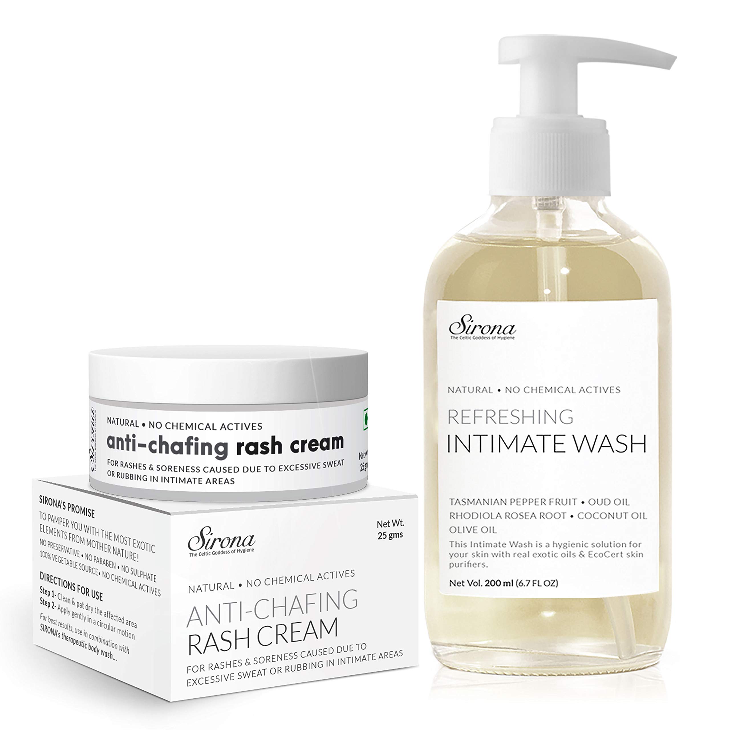 Sirona Anti Chafing Rash Cream for Rashes due to Pads, Heavy thighs and Sweat - 25 gm with Natural pH Balanced Intimate Wash to Reduce Odor, Itching and Maintains Hygiene - 200 ml