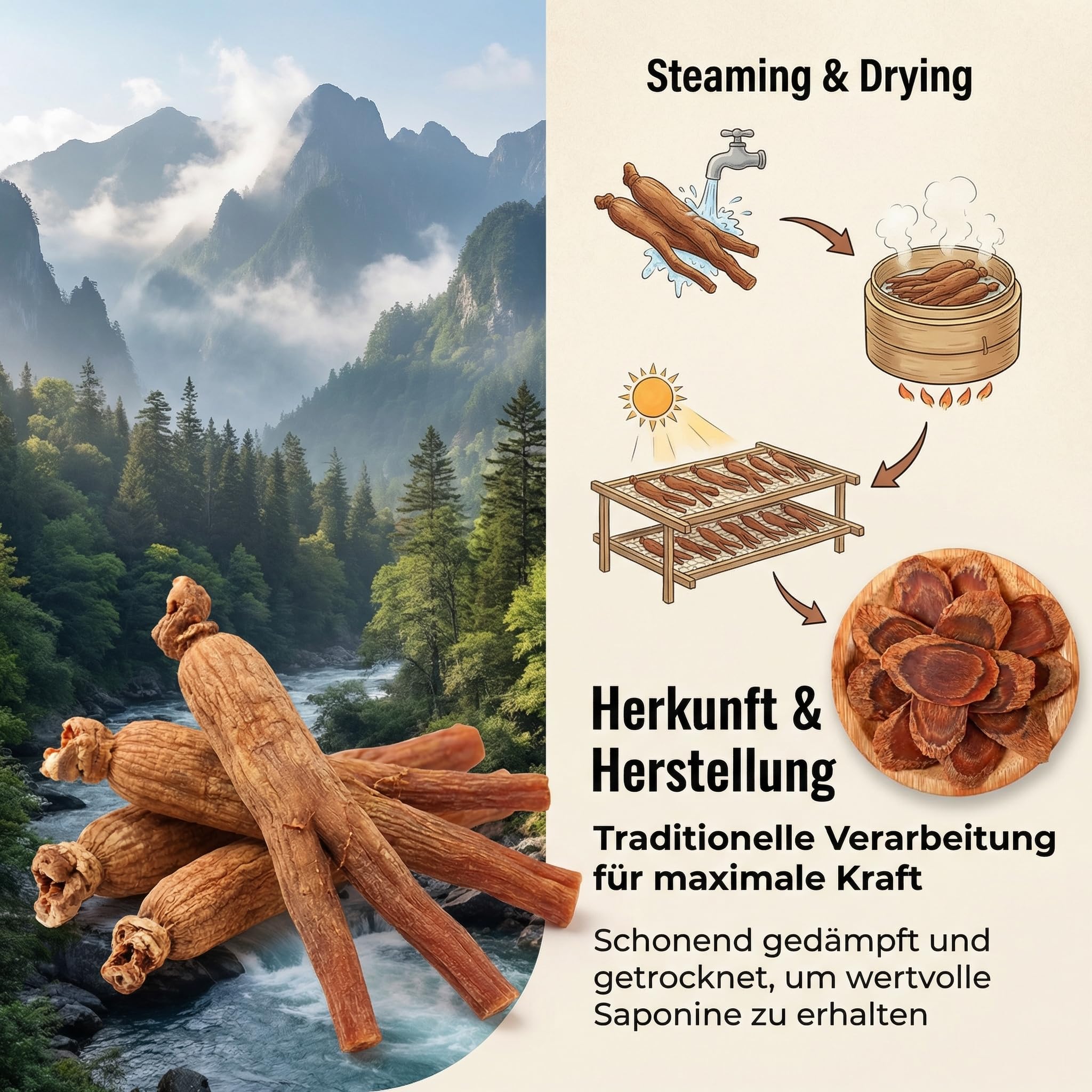 JQ Roter Ginseng Wurzel, getrocknet & geschnitten, 100g, 6 Jahre | Panax Ginsengwurzel, Scheiben 1-2cm · Naturbelassen ohne Zusätze · Asiatische Kräuter für Aufguss & Wohlbefinden · Vegan