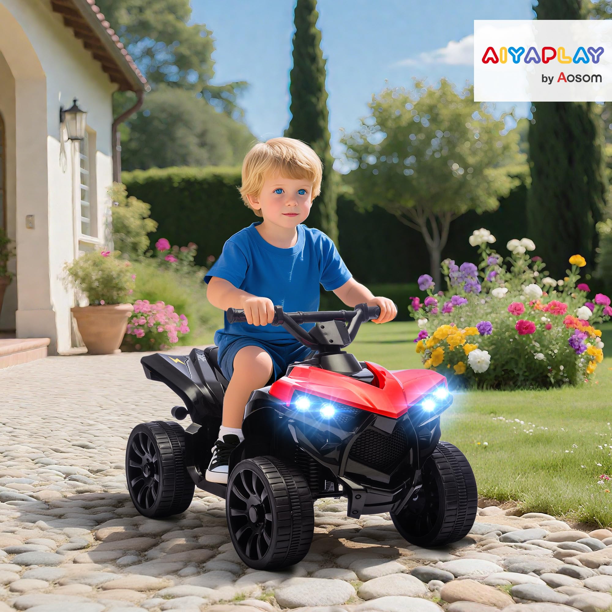 AIYAPLAY Quad Électrique Enfant 6V, Voiture Électrique Enfants ATV, Musique et Phares LED, Vitesse 1,5-3 km/h, 4 Roues, Marche Avant et Arrière, pour Garçons et Filles de 37-72 Mois, Rouge