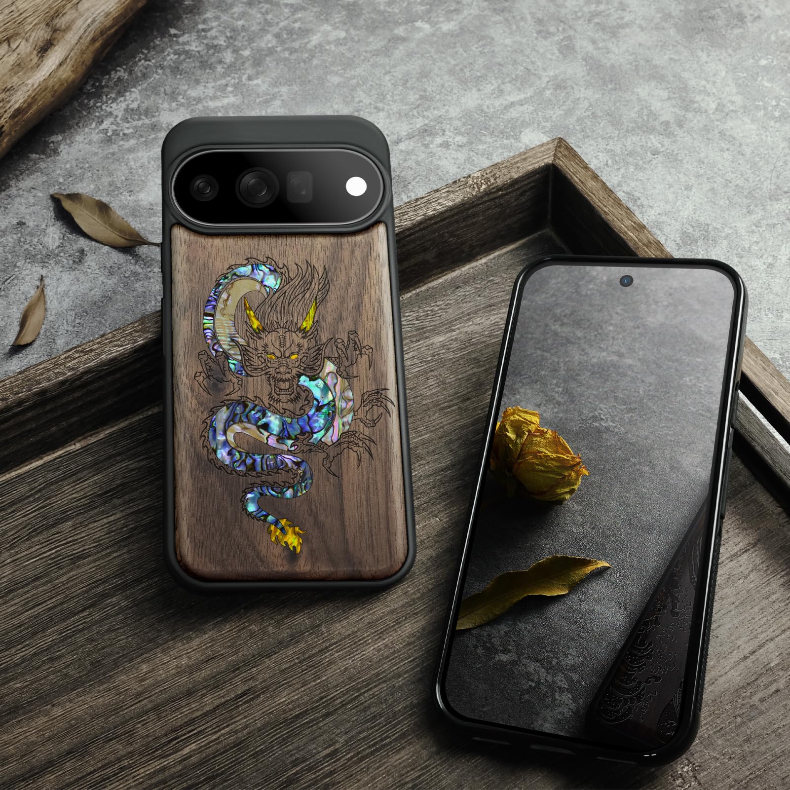 Carveit Madera Funda para Google Pixel 11 (Nogal-El dragón Oriental)