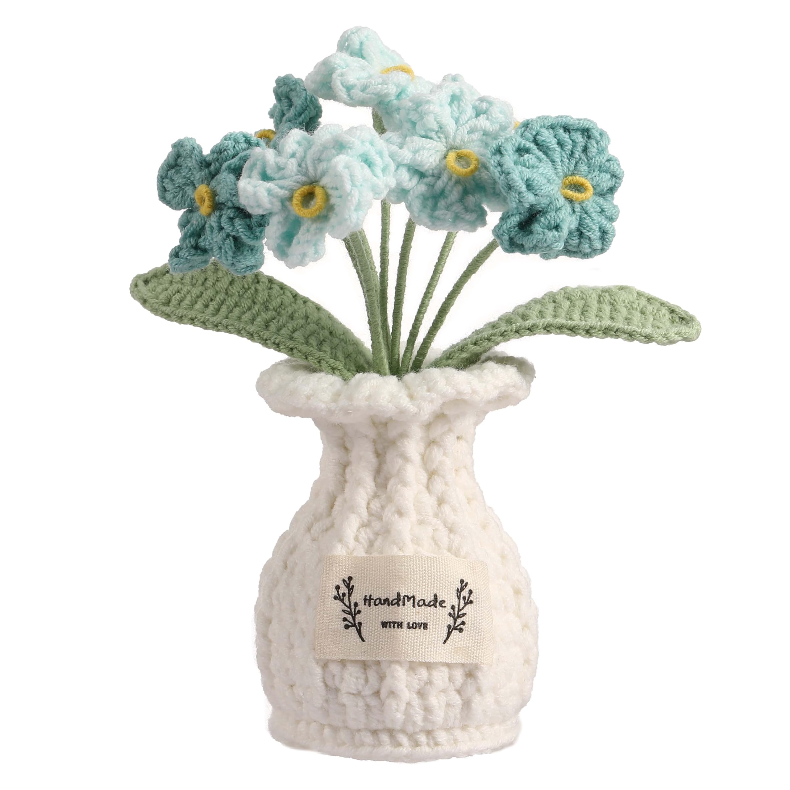 Crochet Flower Pot Forget-me-not Valentines Day Gift for Women Him Her Boyfriend Girlfriend Lover Husband Couples Wife Coworker Birthday Wedding Knitted Blue Plant Cute Office Desk Decor
