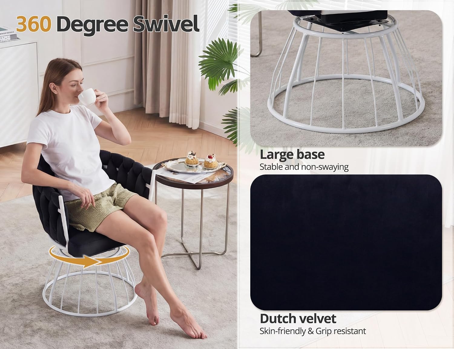 Mistpeople Swivel Weave Accent Chair, Velour Upholstered Modern Chair with Woven Tufted Backrest for Living Room, Bedroom, Vanity, Black