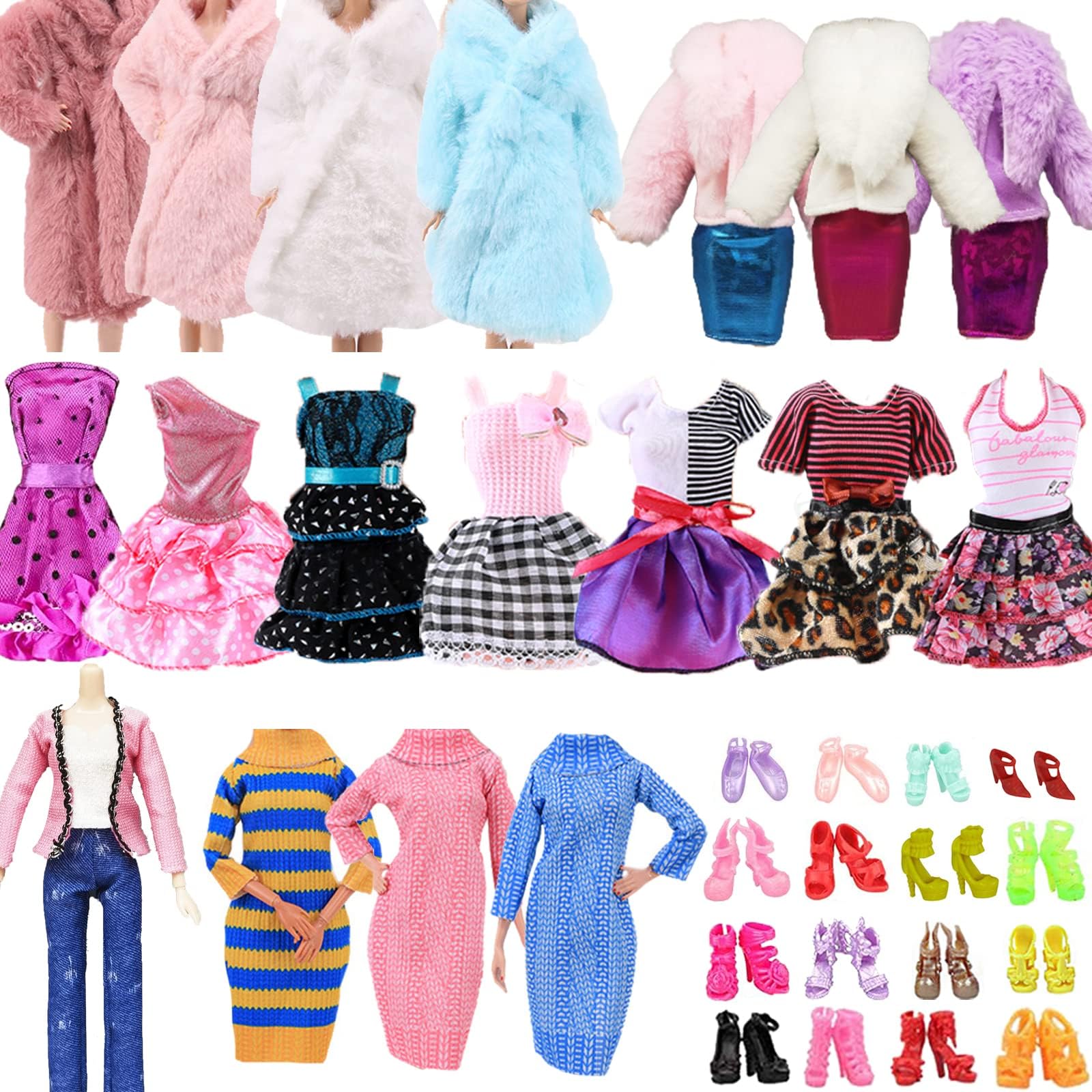 Carreuty 18PCS Doll Clothes for 11.5inch Doll 3 Fashion Skirts 1 Sweater 1 Winter Coat 1 Fur Coat 1 Sets Clothes and 10 Pairs Shoes in Random Girls Birthday Present