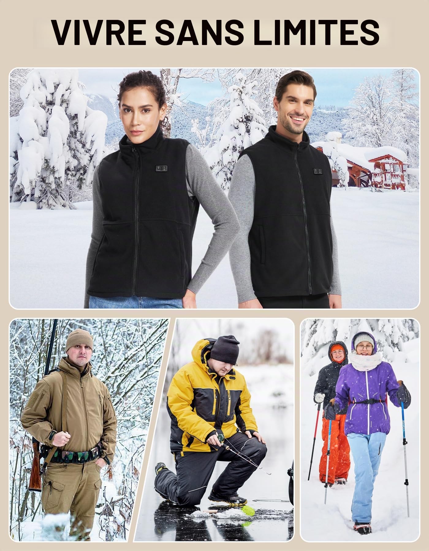 Loowoko veste polaire chauffante hommes femmes (sans batteries), Gilet Chauffant légère et chaude 3 niveaux+6 zones de chauffage, Pour le travail en extérieur, moto, se promener à l'air libre