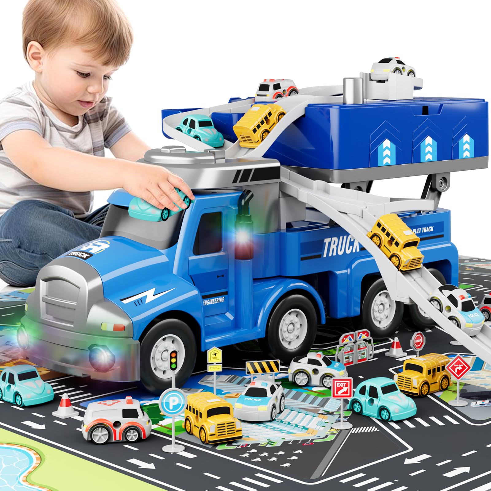 Dwi Dowellin Truck Toys for Boys 3 4 5 6 Years Old, Vehicle Toys for Kids with 4 City Cars and Playmat, Race Track with Light and Music,Christmas