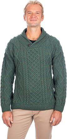 SAOL Irish Sweater for Mens Made of 100% Merino Wool -Ireland Fisherman Shawl-Collar Pullover