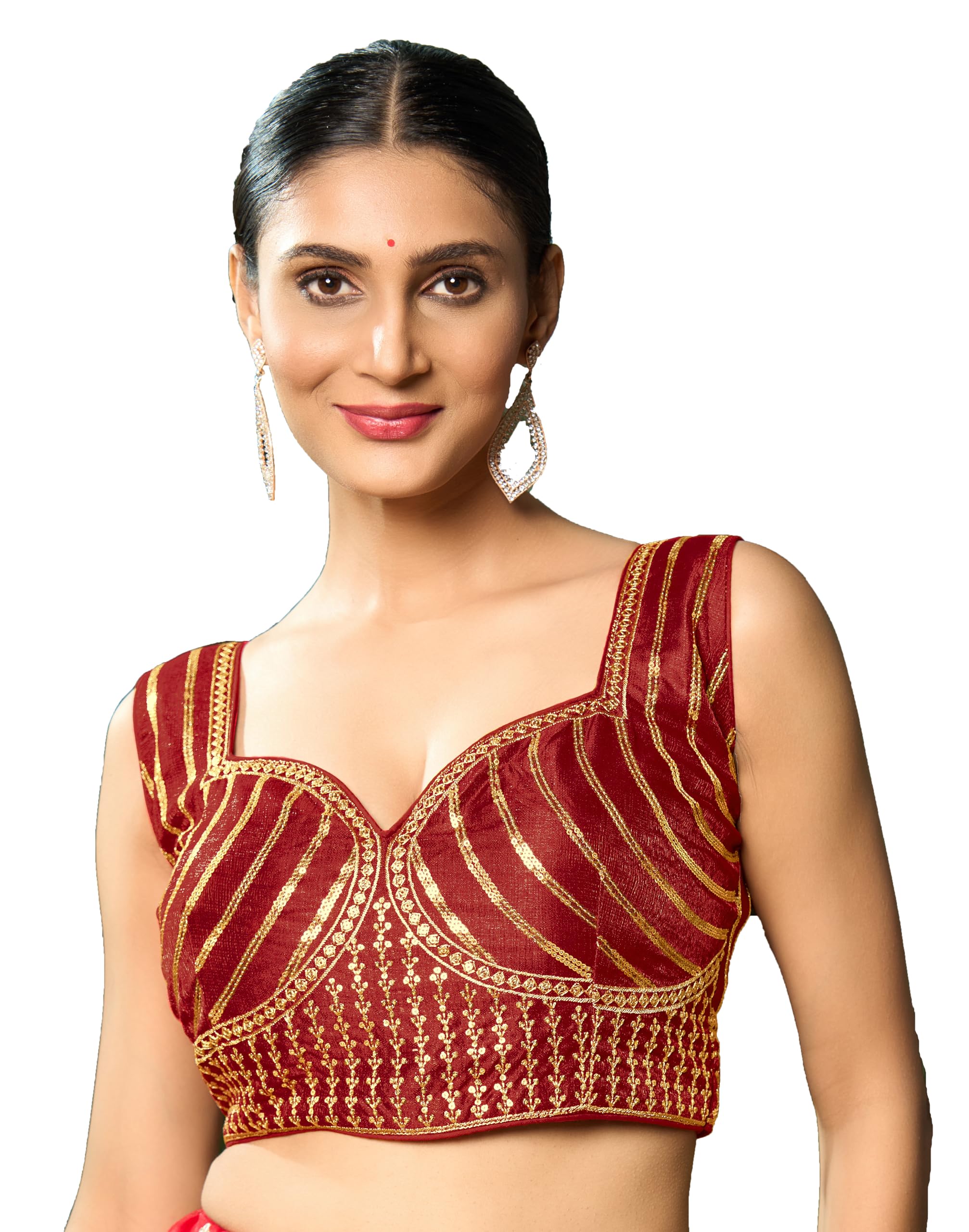 Pujia Mills Women's Readymade Blouse Embroidery Multi Coding Gold Thread Indian Ethnic Designer Stitched Readymade Saree Sleeveless Red Blouse For Women For Saree Lehenga Choli