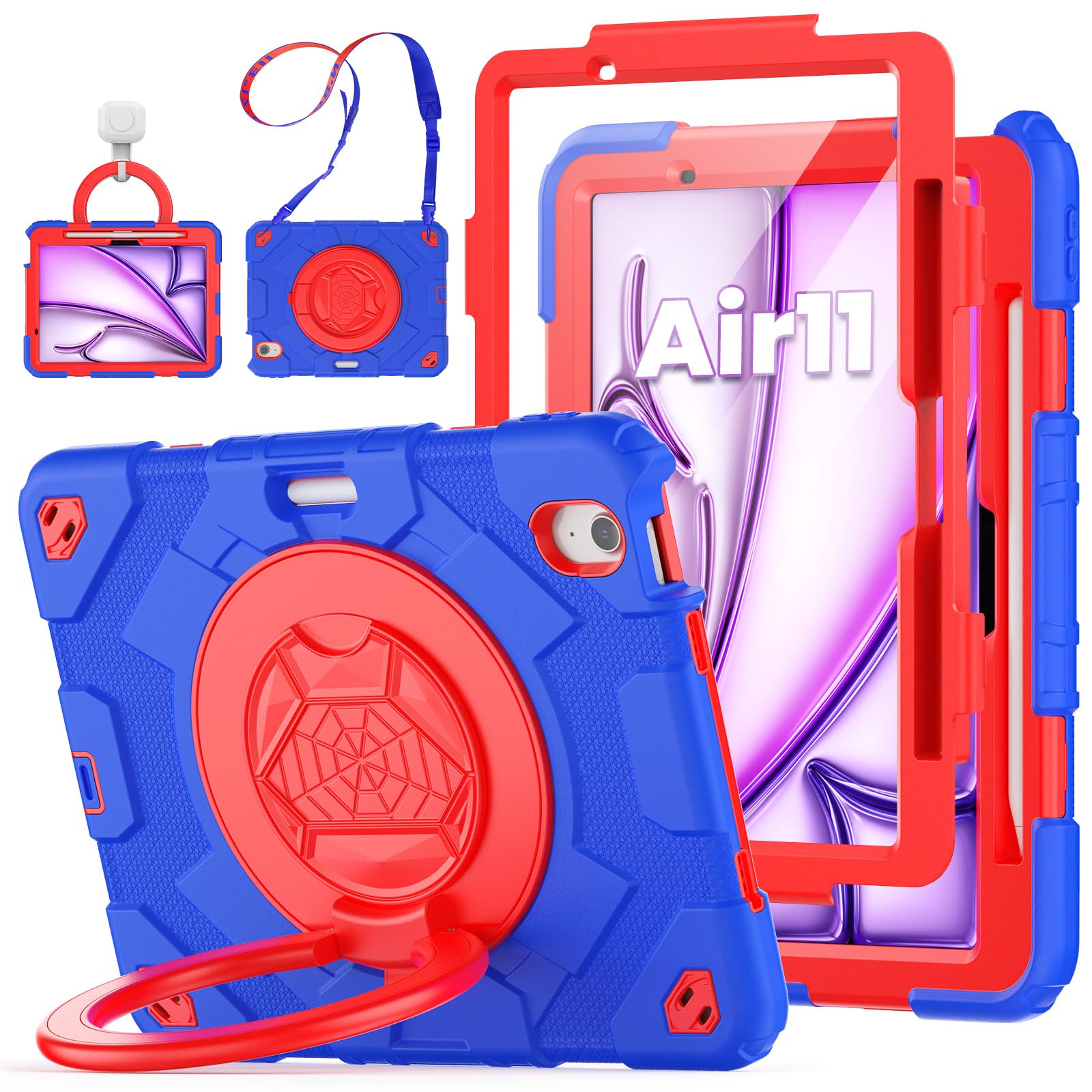 Kids Case for iPad Air 11 Inch M3 2025/M2 2024 (Air 6th Generation): Shockproof Protective Case with 360° Rotating Handle &amp; Stand- Screen Protector- Shoulder Strap- Pencil Holder, Blue/Red